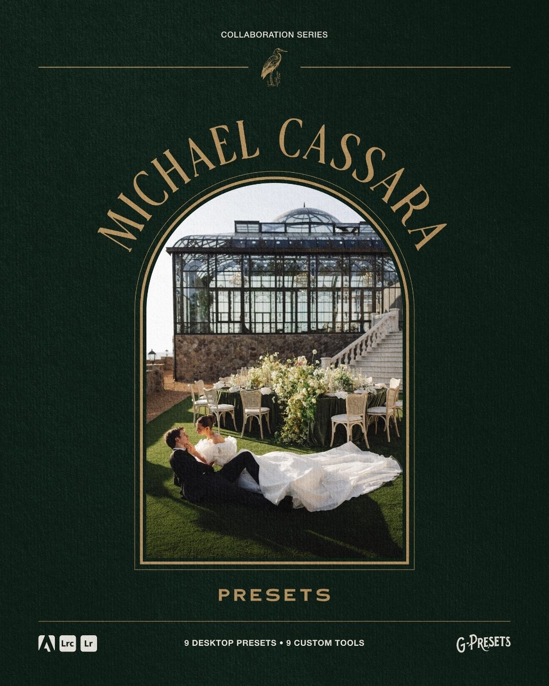 Michael Cassara presets promo graphic showing a couple in a wedding dress resting on a lawn before a glass greenhouse venue.