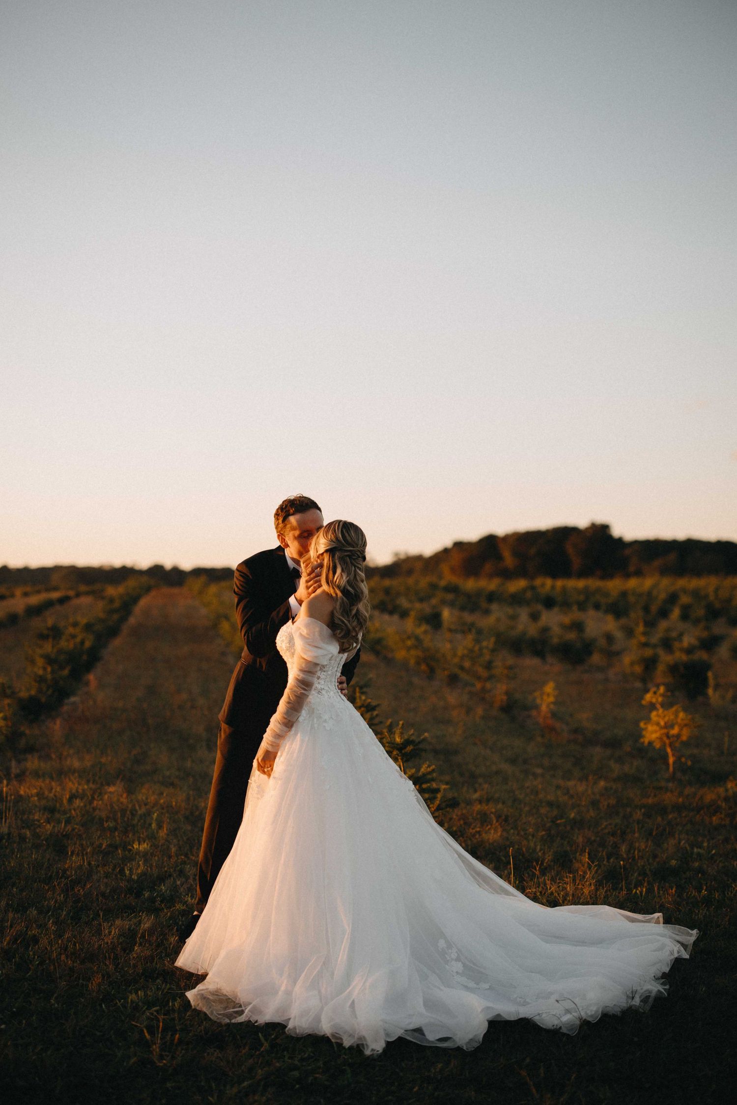 Bride and groom sharing a romantic kiss in a golden sunset field, bride wearing a flowing white ball gown with long train.