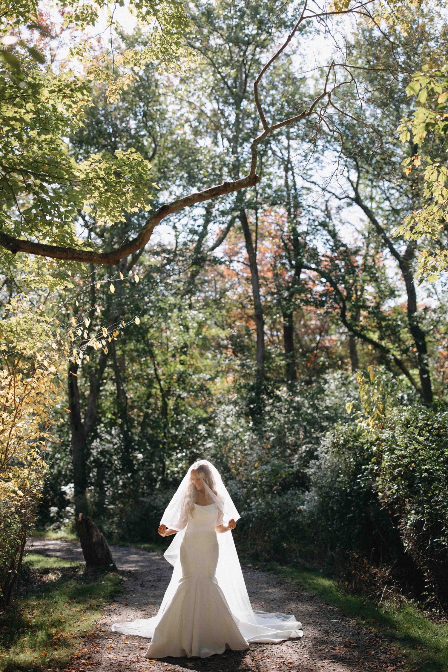 Bride in mermaid gown with long veil walking on sunlit wooded forest path alone.