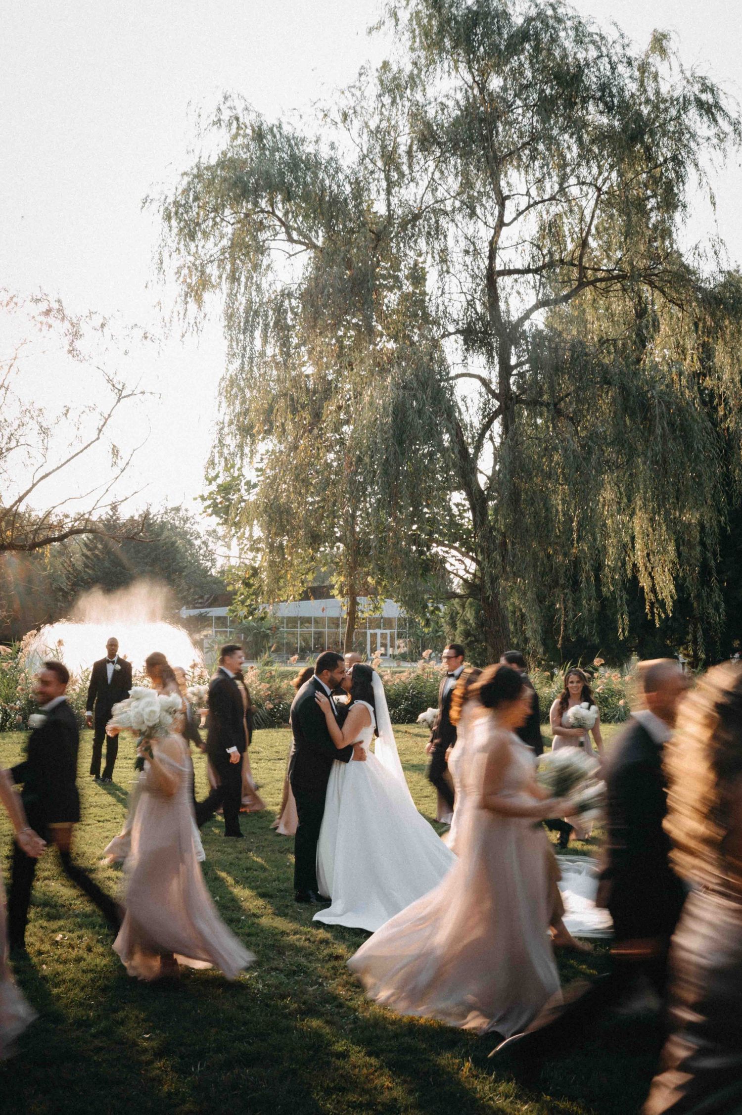 Bride and groom share first kiss surrounded by wedding party under weeping willow tree at sunset.