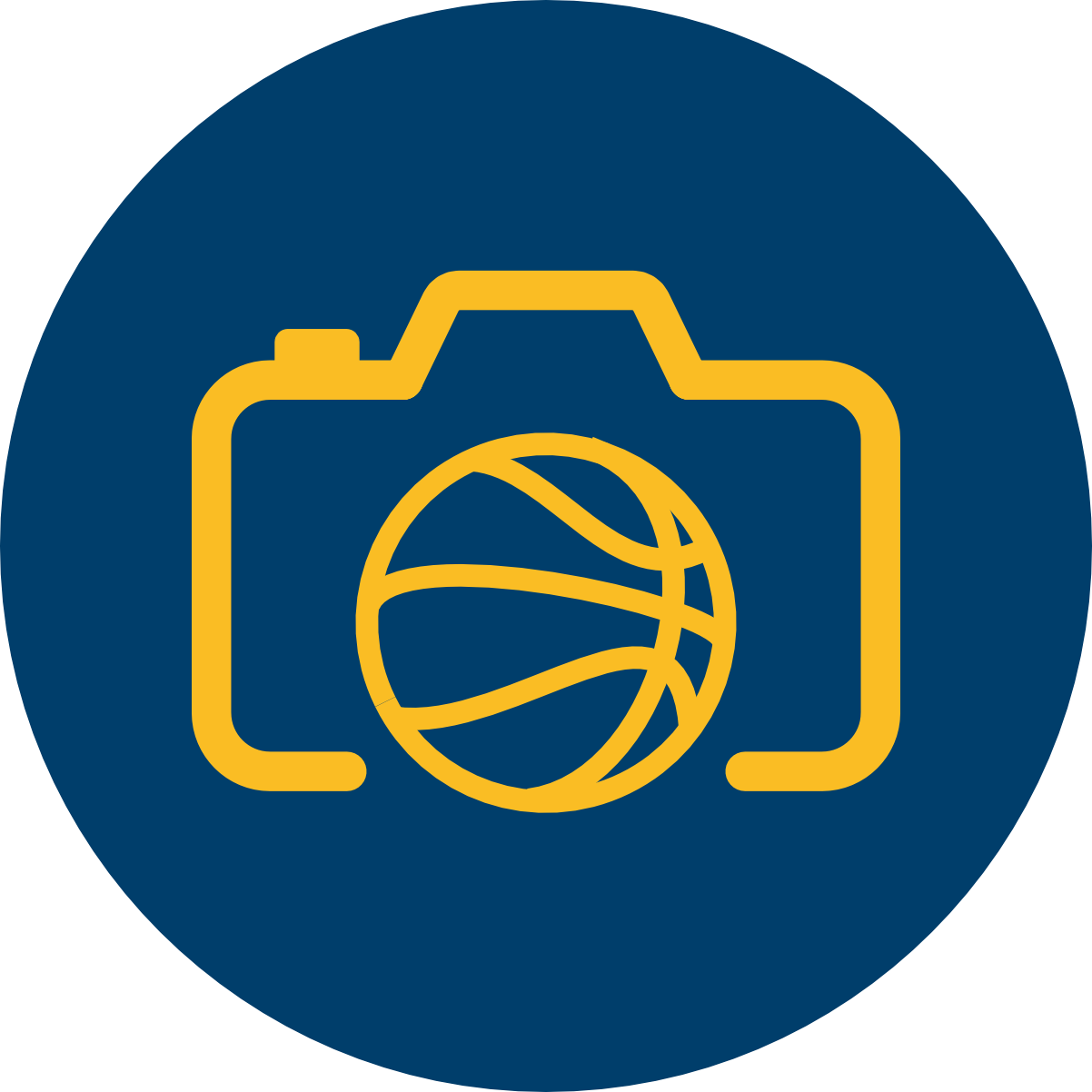 Gold camera icon with basketball symbol on dark blue circle background.