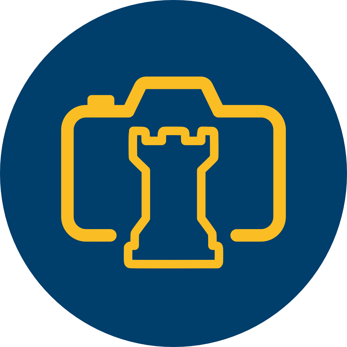 Gold camera icon with chess rook symbol on dark blue circle background.