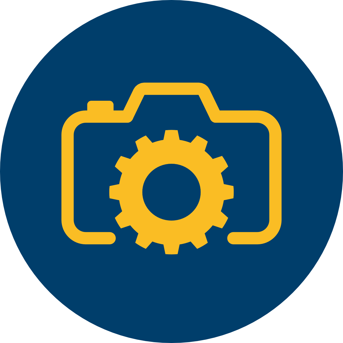 Gold camera with gear settings icon on dark blue circle background.