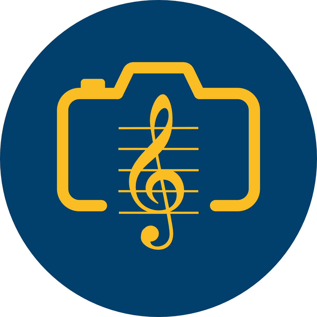 Gold camera icon with treble clef music symbol on dark blue circle background.
