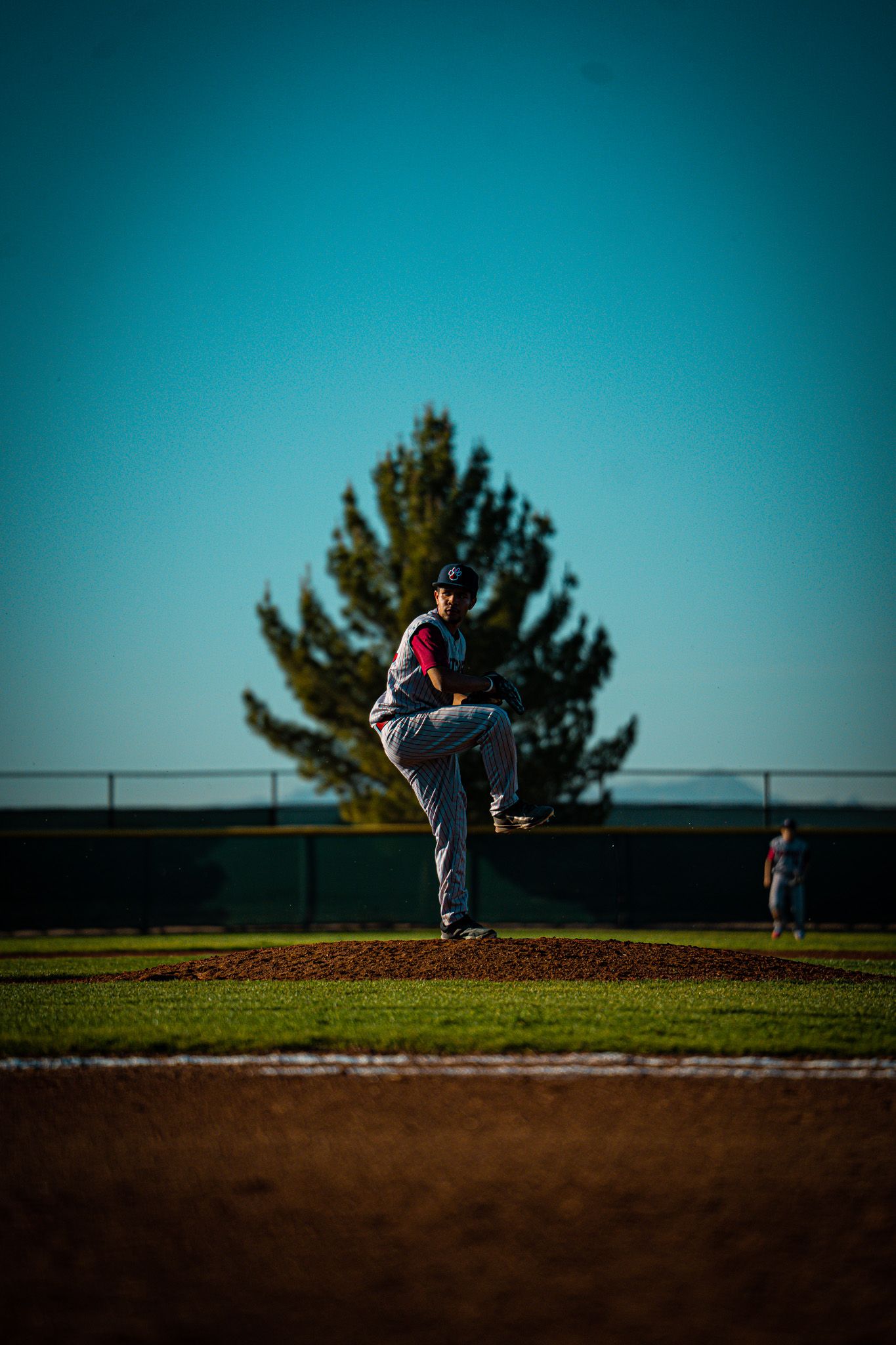 Baseball pitcher in mid-windup on pitching mound during sunset with evergreen tree in background.