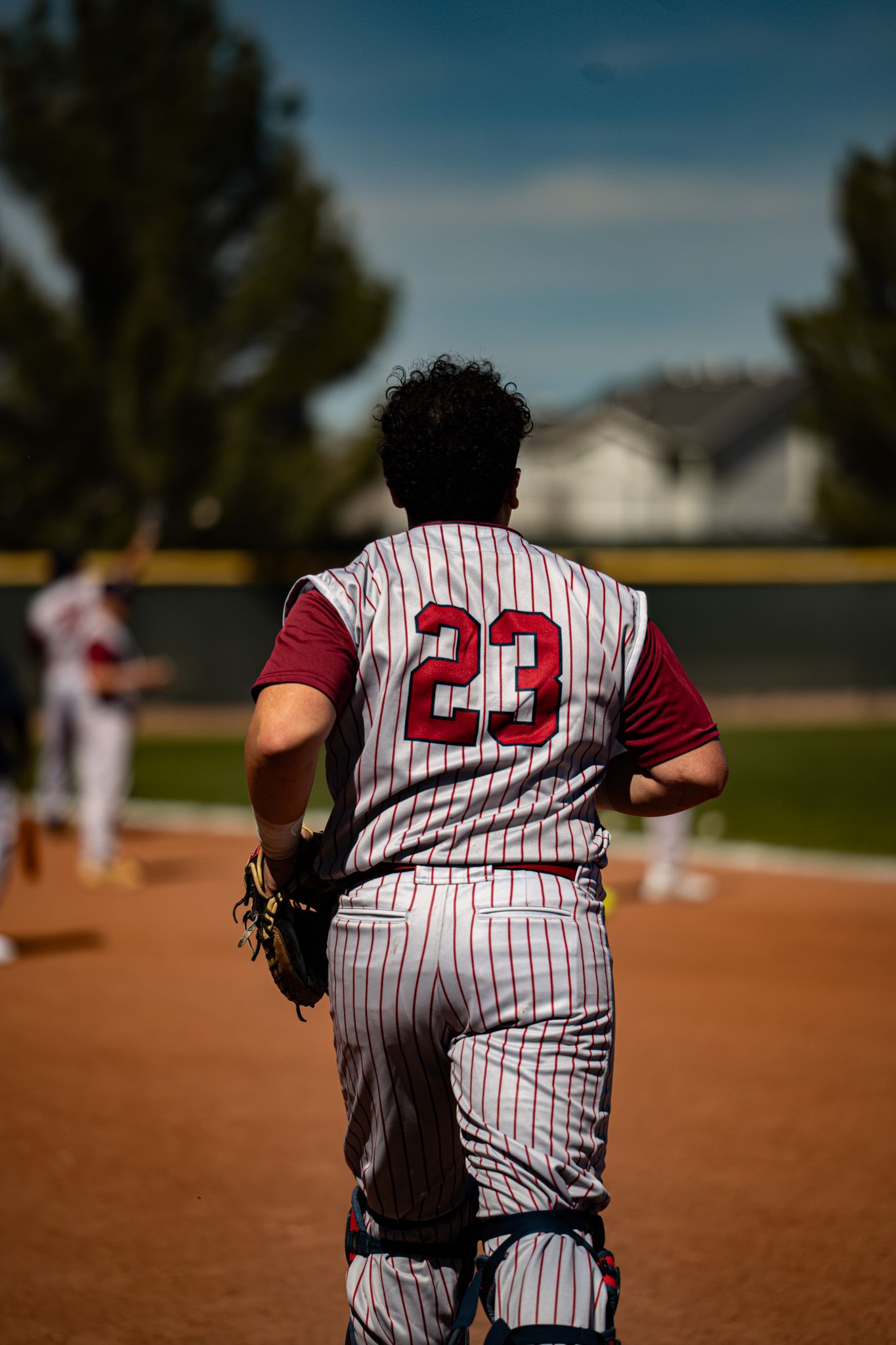 Baseball player wearing pinstriped uniform with number 23 stands on dirt infield during daytime game.