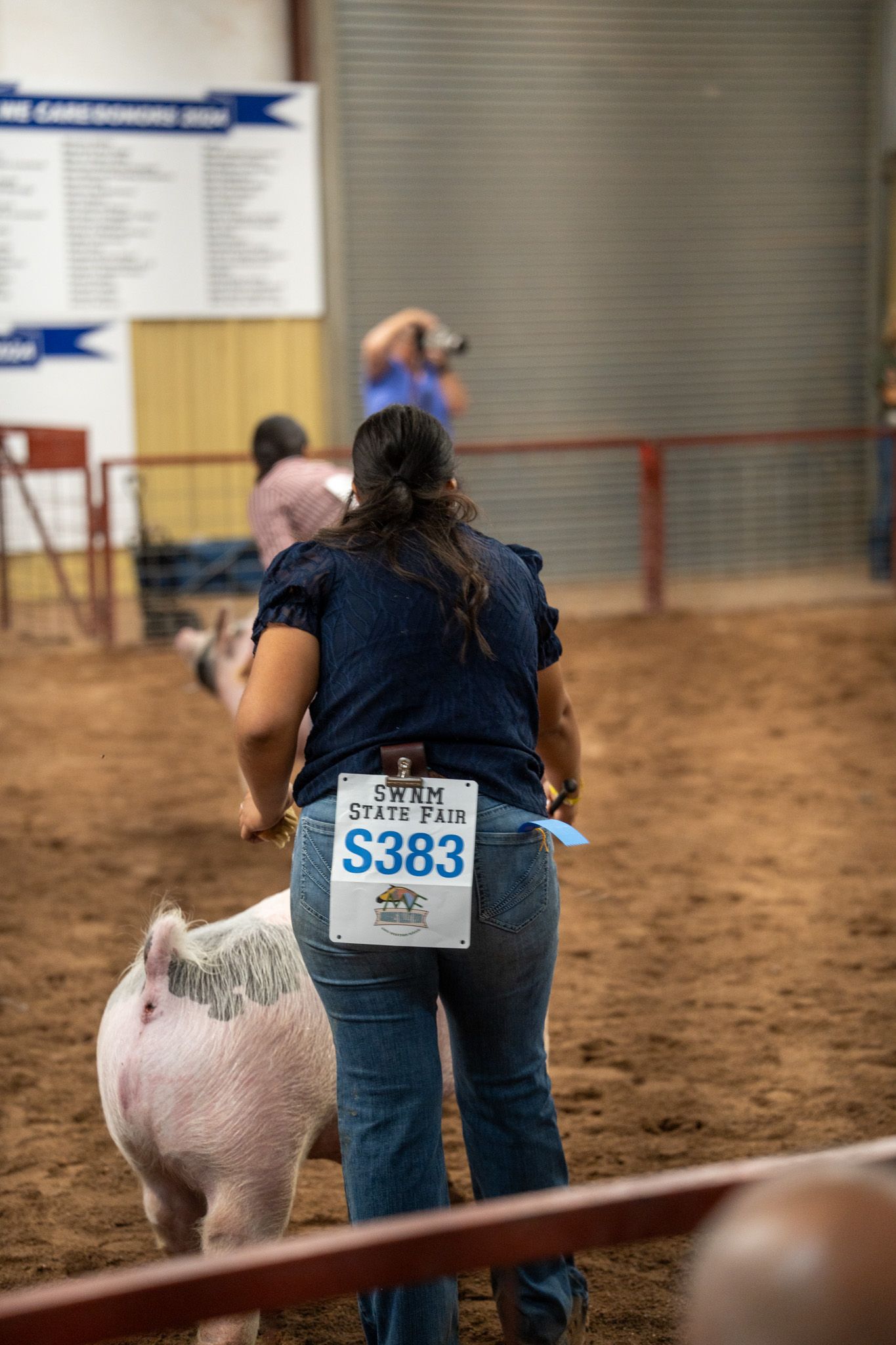 A competitor showing a pink pig at a livestock competition with numbered tags in a dirt arena.