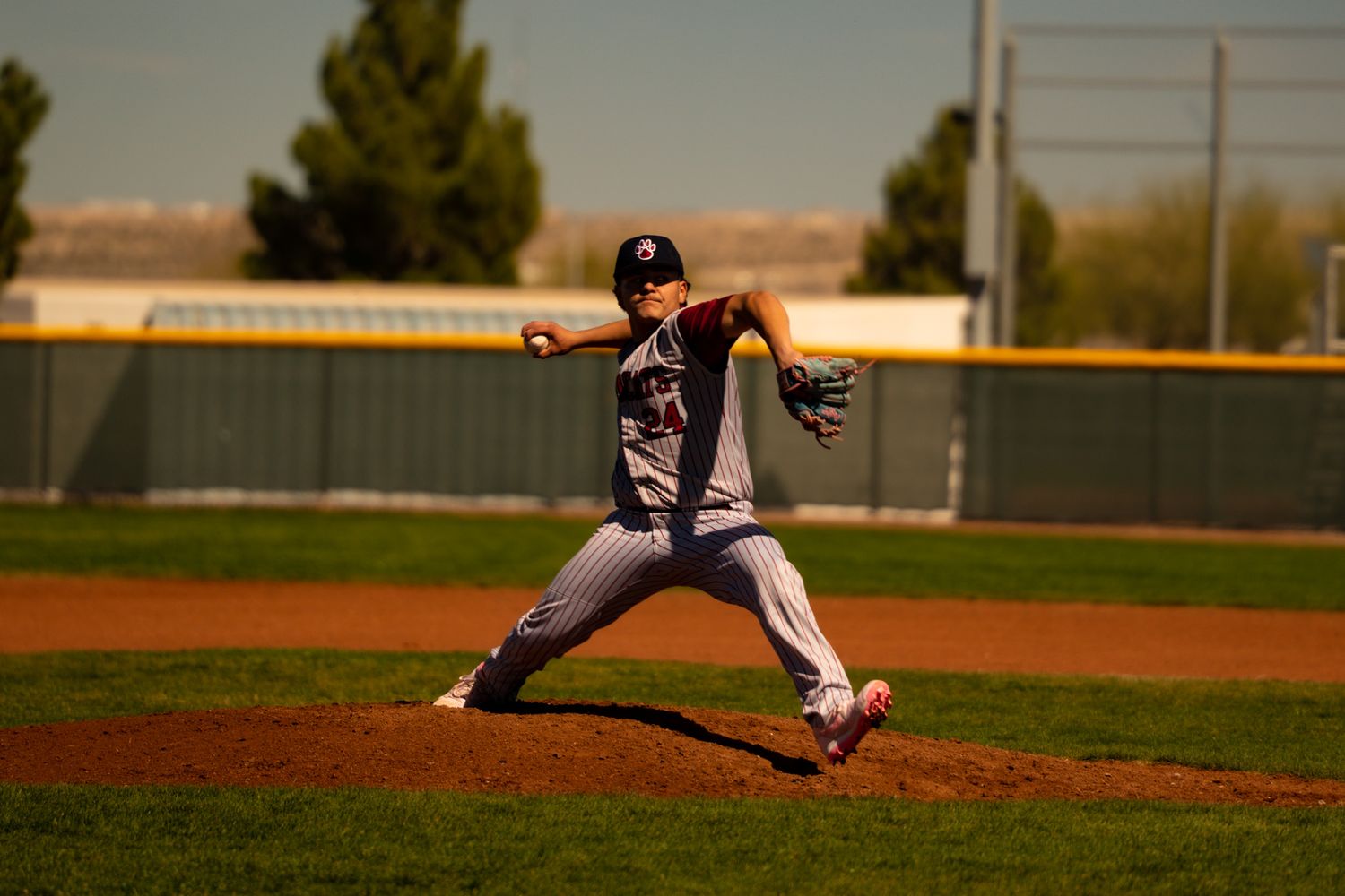 Baseball pitcher in mid-delivery motion on mound during sunny afternoon game.
