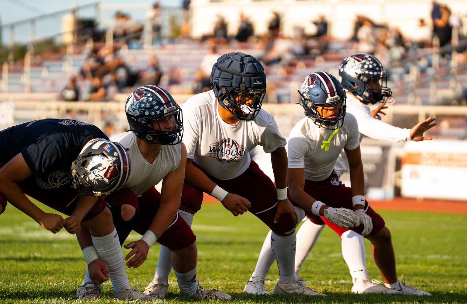 Football players in white and dark uniforms line up in formation on a grass field during a game.