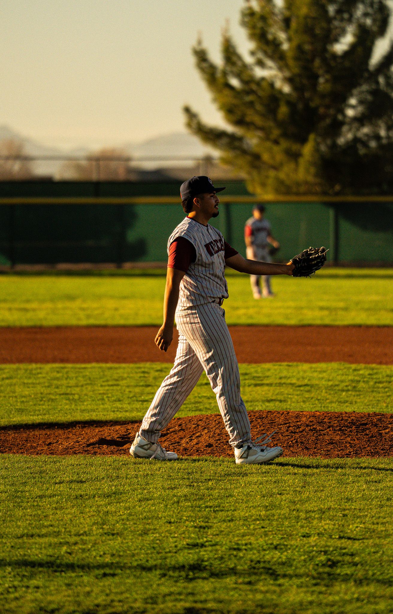 Baseball player in pinstripes stands on pitcher's mound during sunset practice.