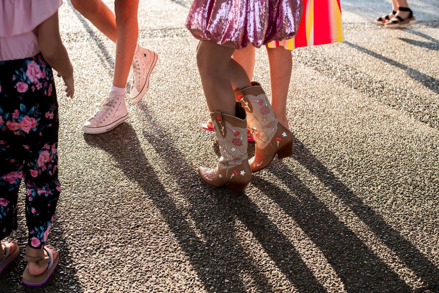 Close up of guests' shoes and their shadows on the floor while dancing at Stokelan Winery in New Jersey.