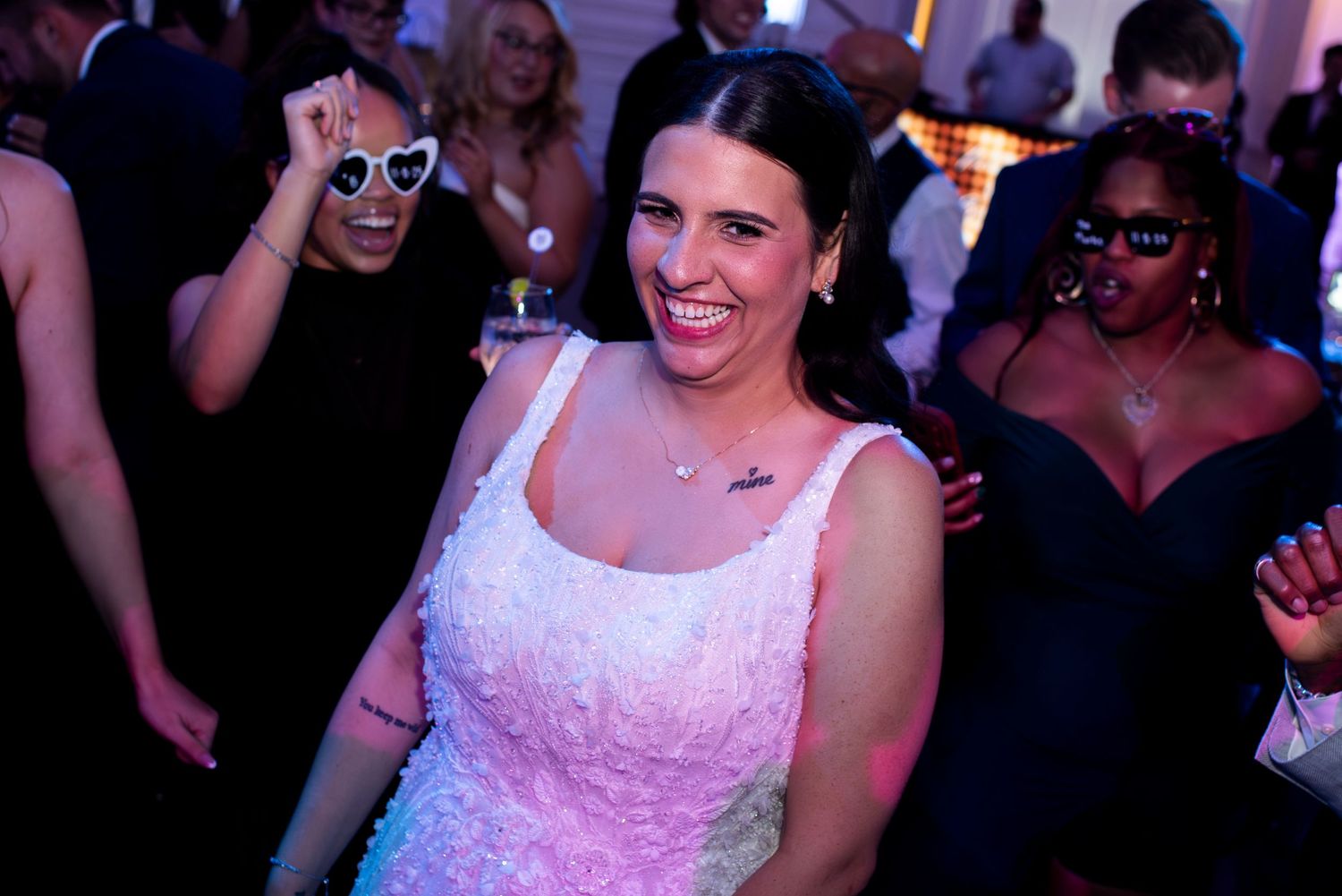 Bride with big, bright smile enjoys the dance floor at her wedding reception at Hamilton Manor in New Jersey.