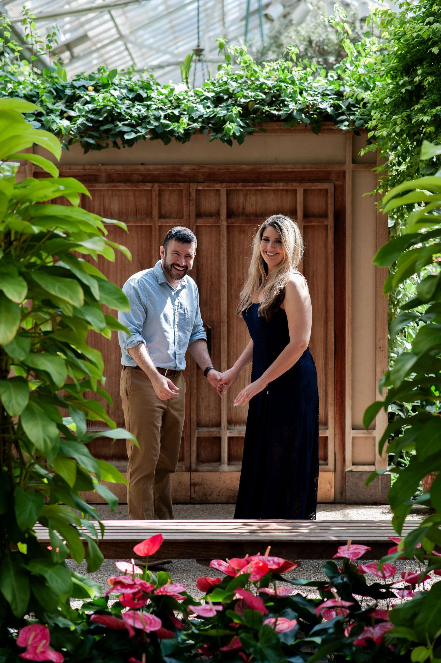 Engaged couple laughs through frame of greenery in the conservatory at Longwood Gardens in Pennsylvania.