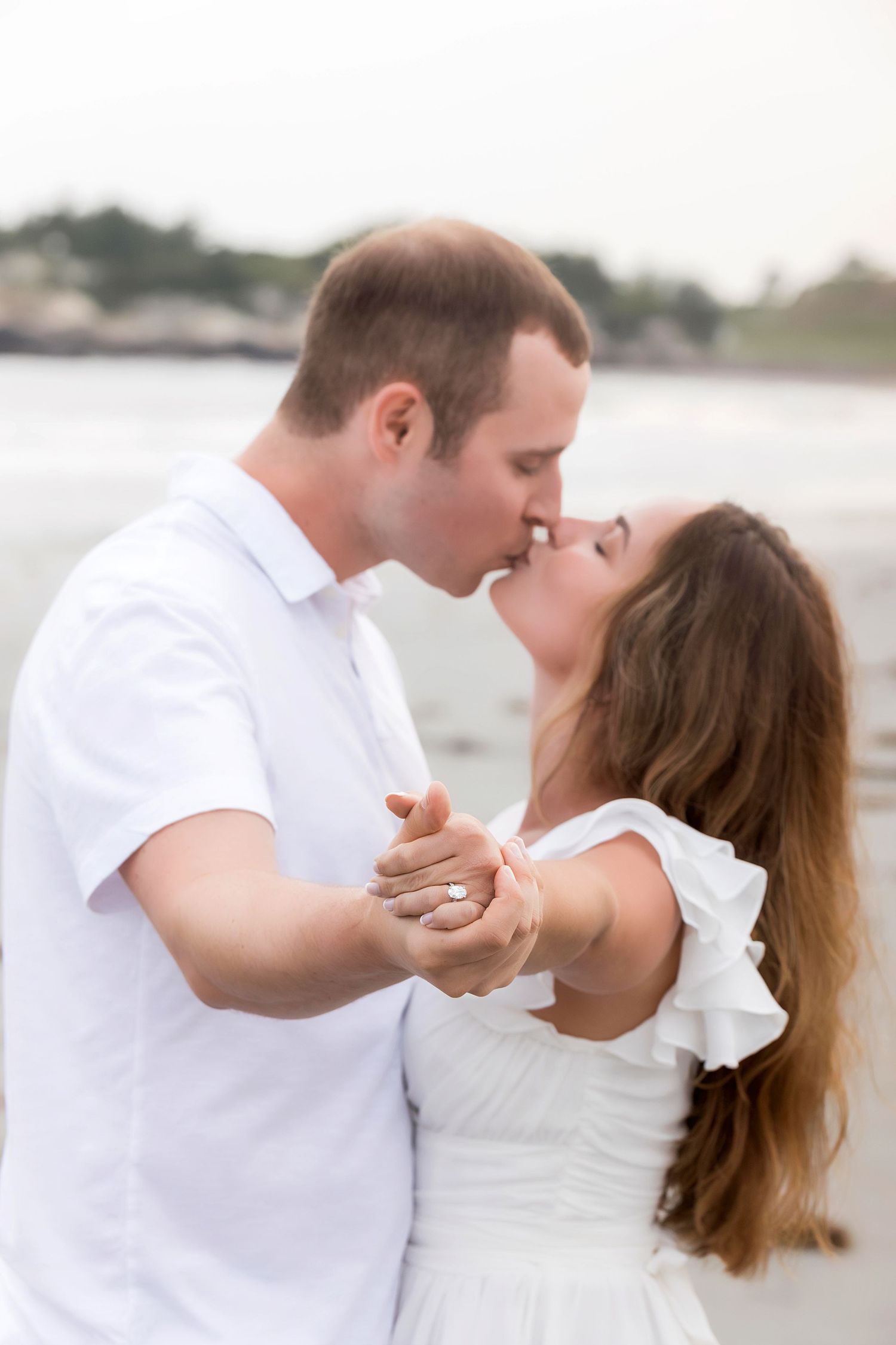 A romantic beach photo sequence shows a couple in white attire sharing tender moments by the water.