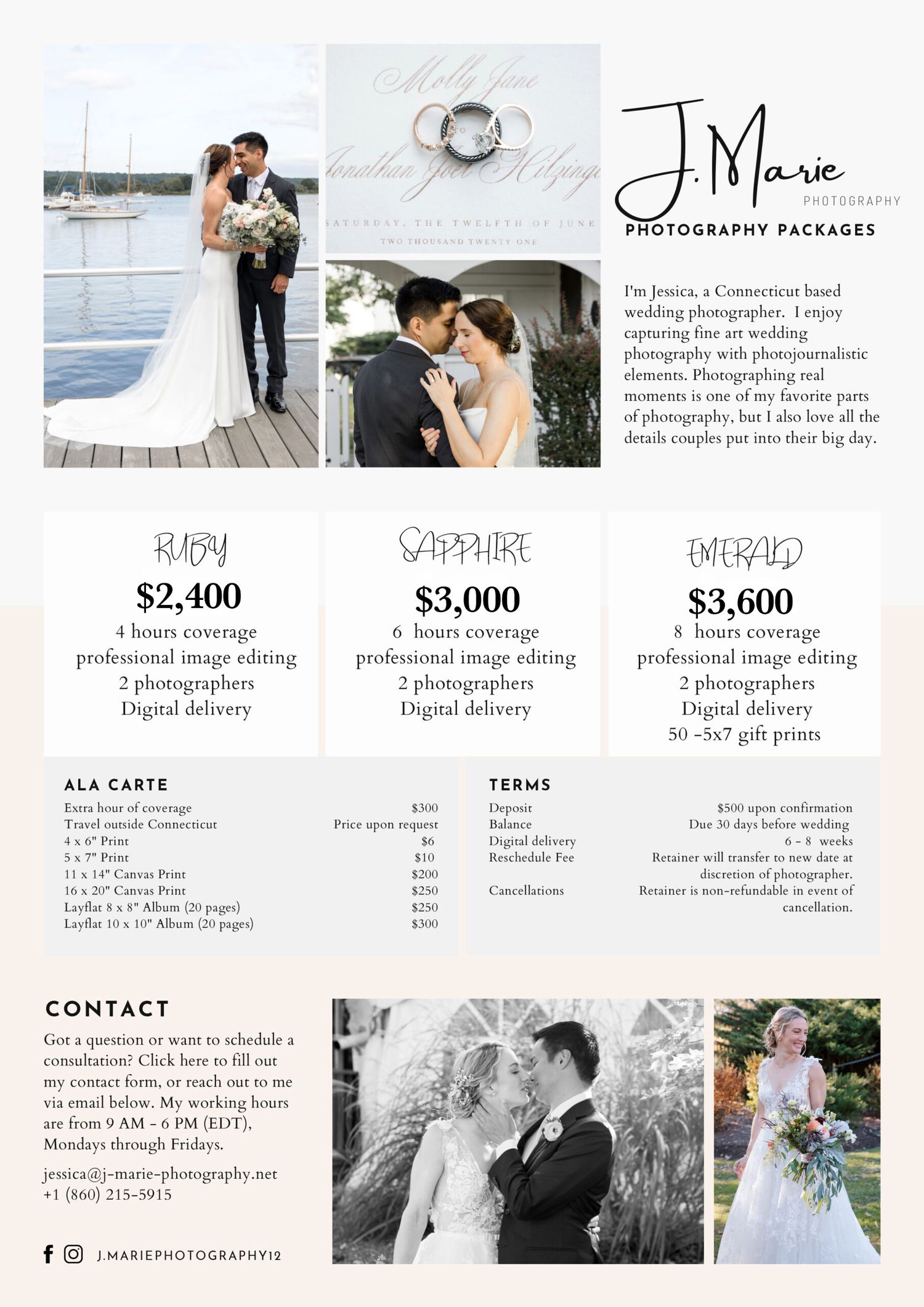 Wedding photography pricing guide with package details and sample photos.