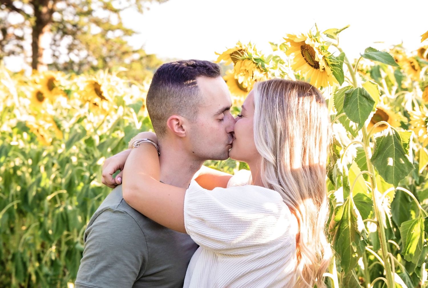 Couple sharing a romantic kiss in a sunlit field with tall corn stalks in the background.
