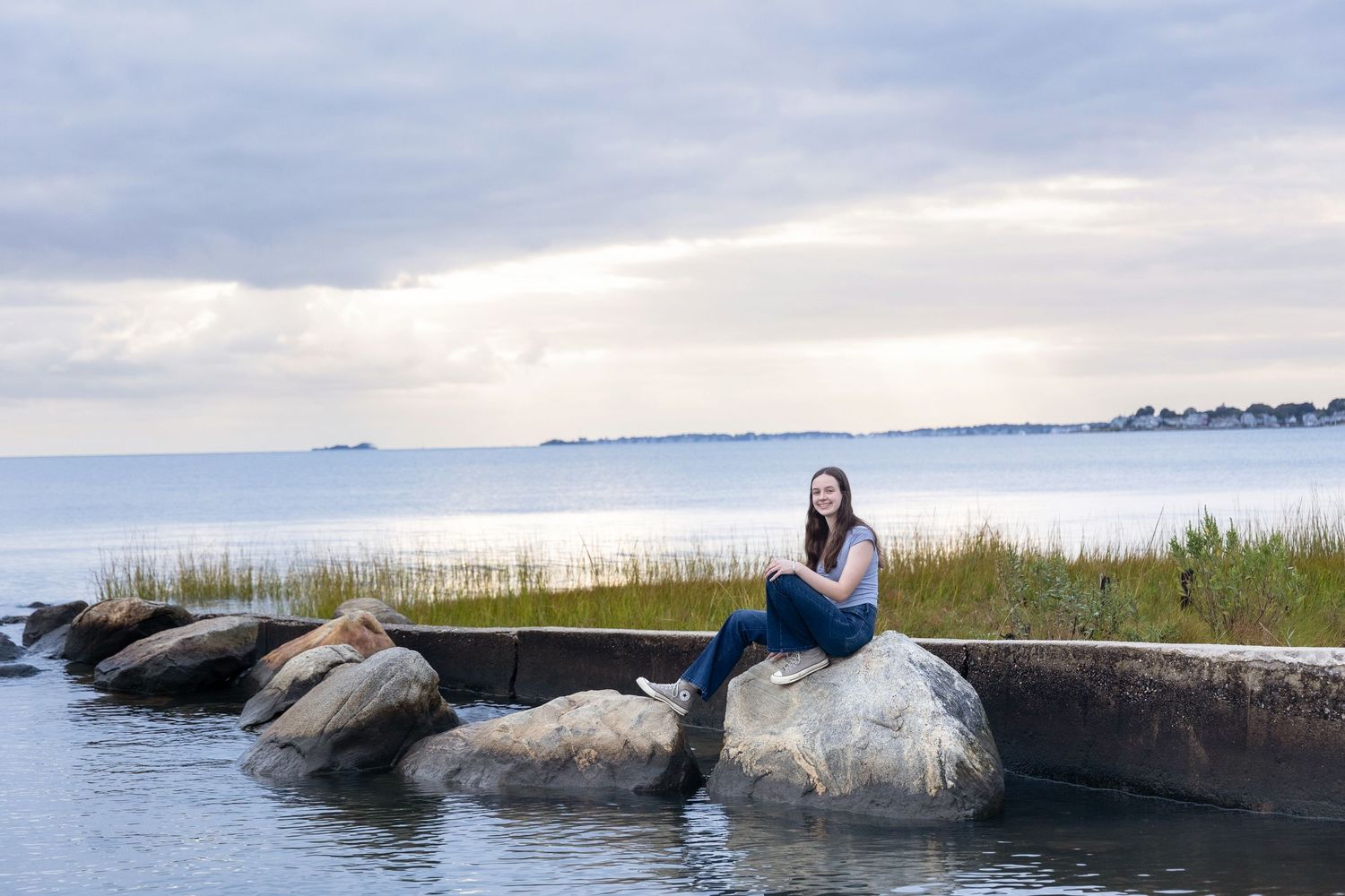 Serene coastal landscape with rocks and marsh grass at sunset.