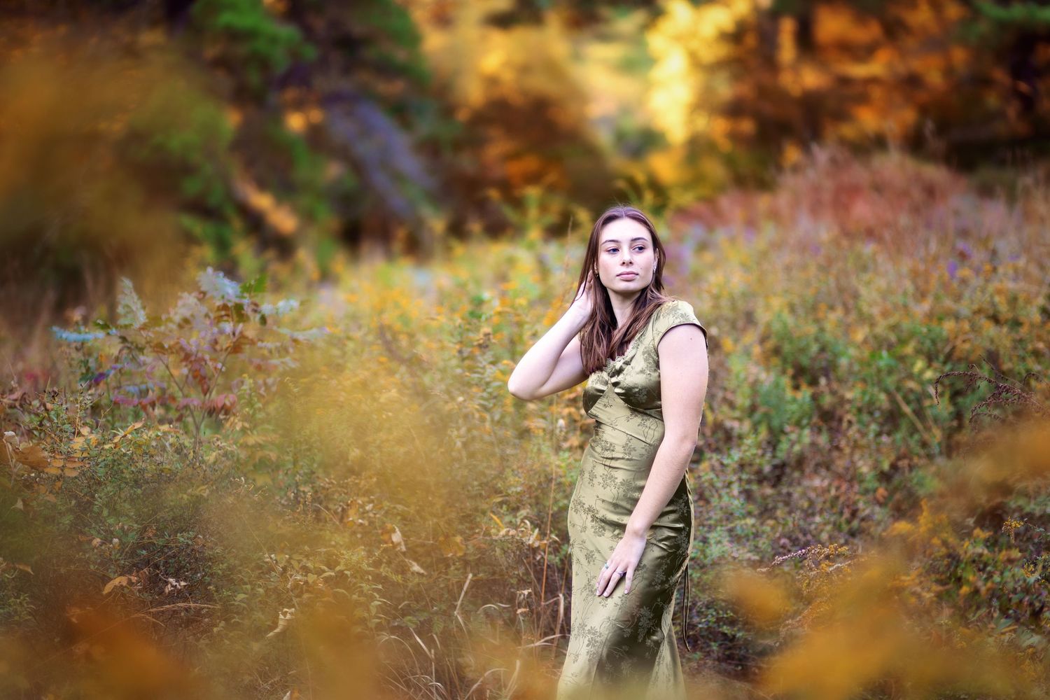 A series of fall-themed outdoor portrait photos with warm golden lighting and autumn foliage in the background.