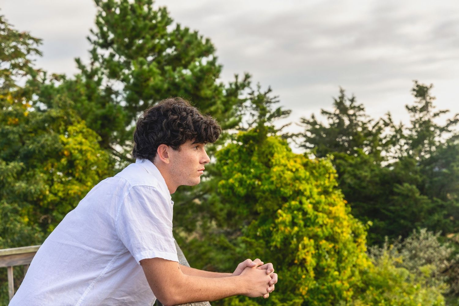 Someone in a white shirt leans on a wooden railing overlooking a lush green forest landscape.