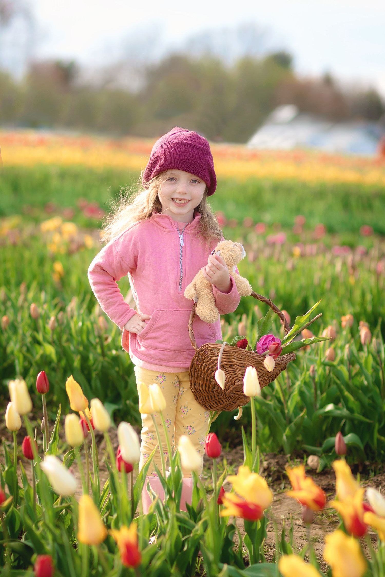 A child in pink and yellow explores a vibrant tulip field filled with colorful spring blooms.