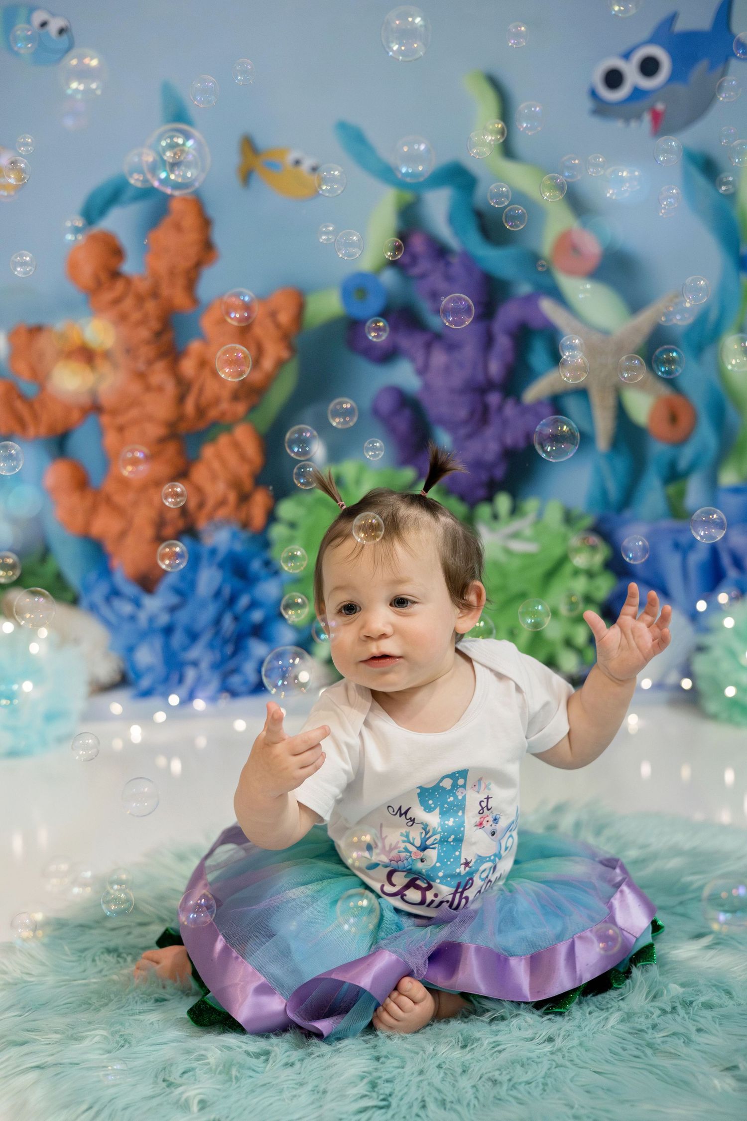 Colorful underwater-themed photo set with bubbles, sea creatures, and decorative elements in shades of blue, purple and orange.
