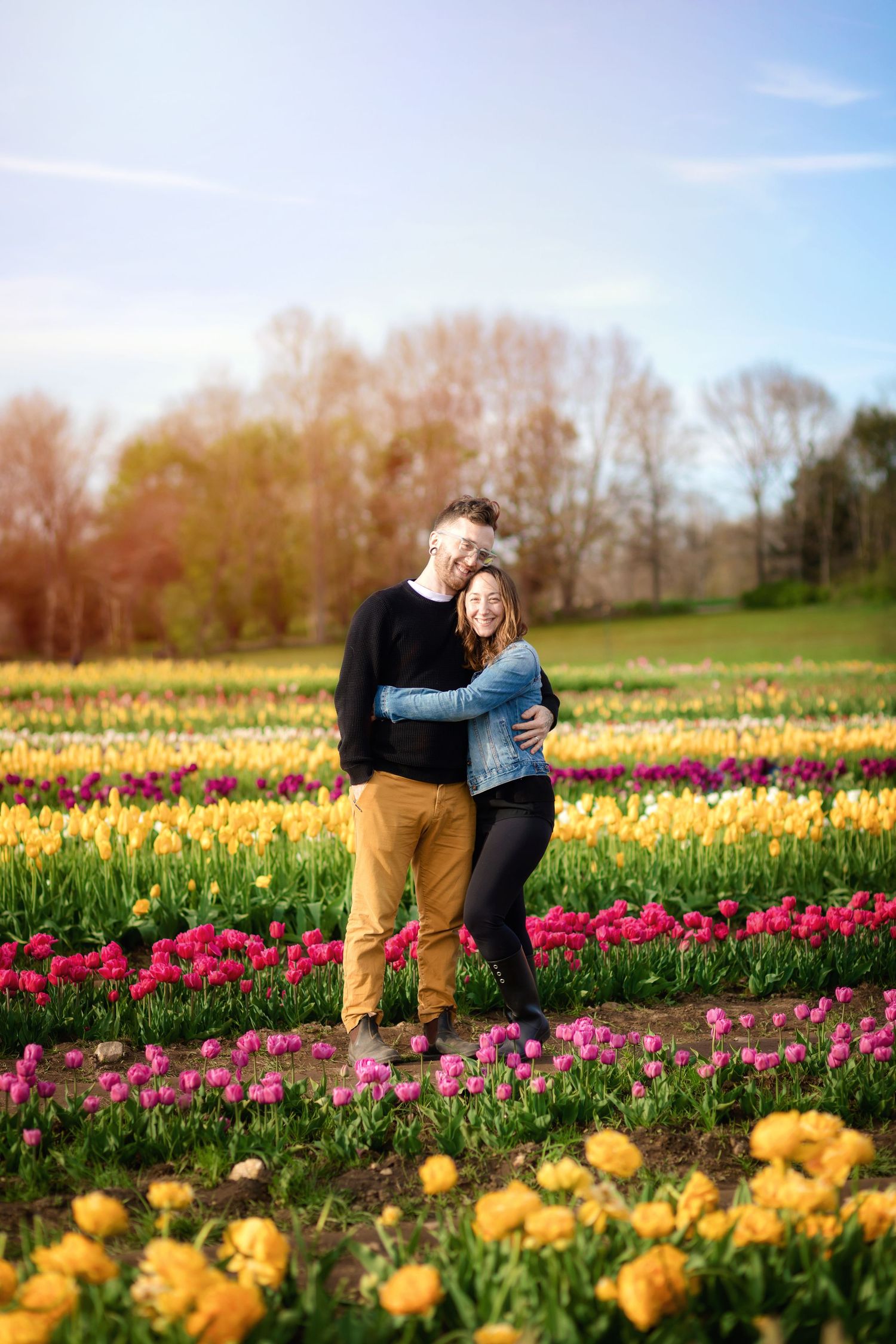 A couple shares a tender moment while surrounded by vibrant yellow and pink tulips in a spring flower field.