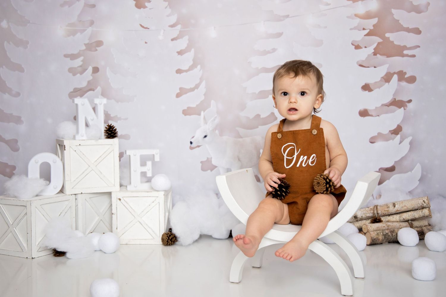 Baby wearing brown 'One' bodysuit sits among white winter decorations and birch logs in studio setting.
