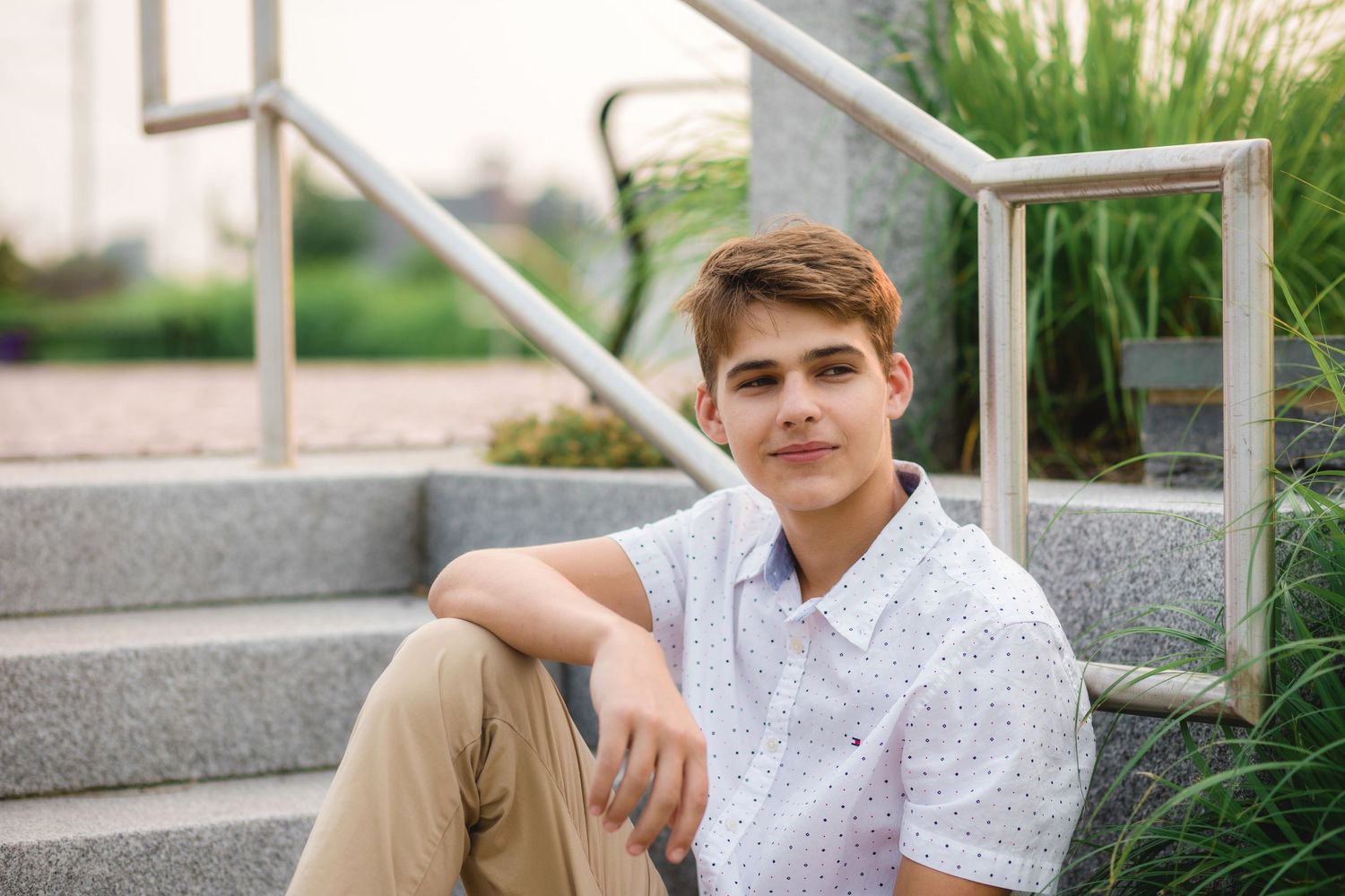 A collage of outdoor portrait photos showing someone seated on stone steps in casual summer attire.