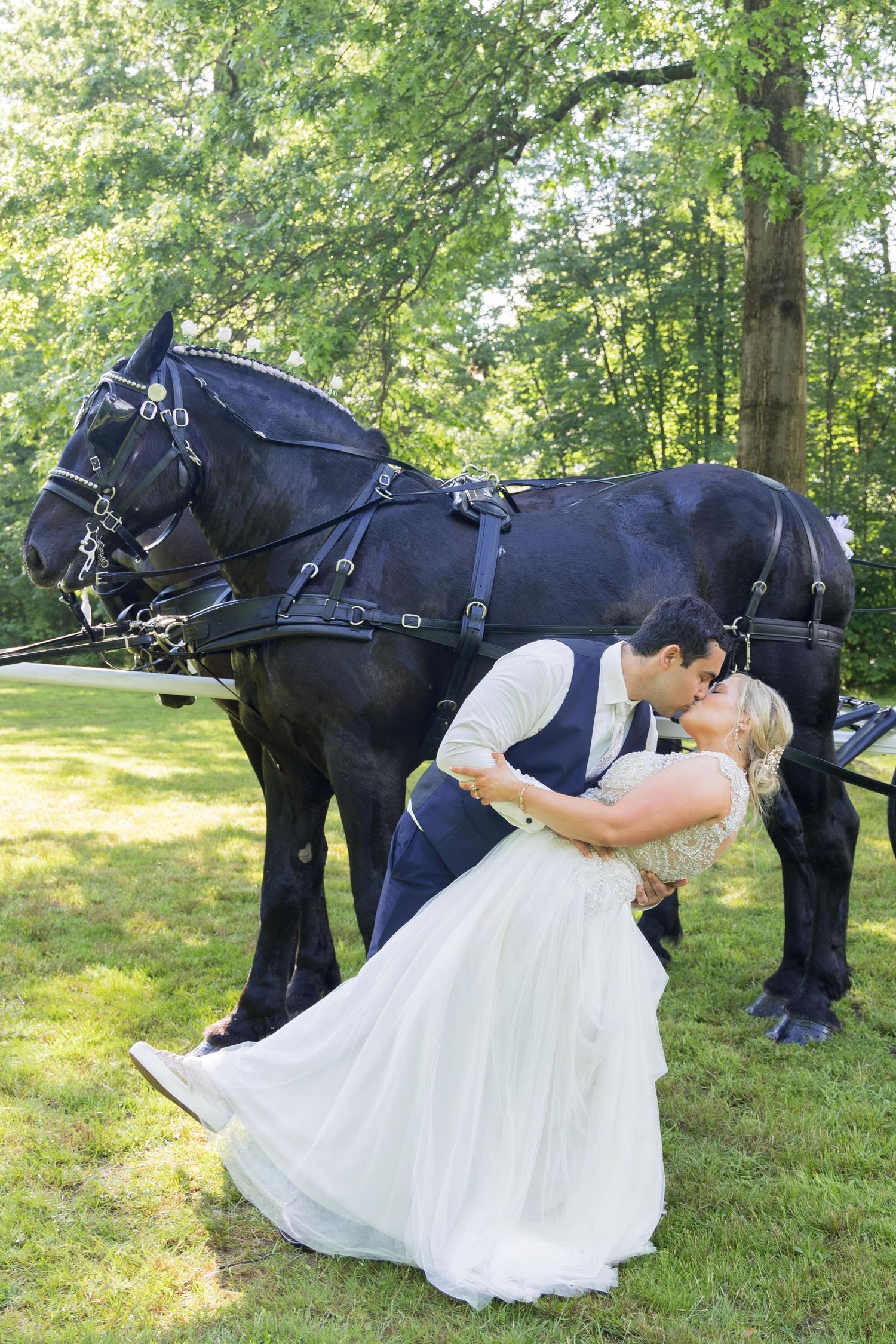A romantic wedding photo series showing a couple in white dress and suit posing with a majestic black horse in a green field.