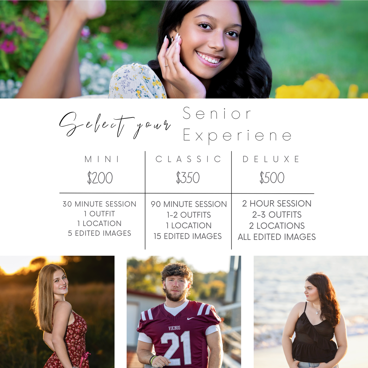 Senior portrait photography pricing guide displaying package options and sample images.