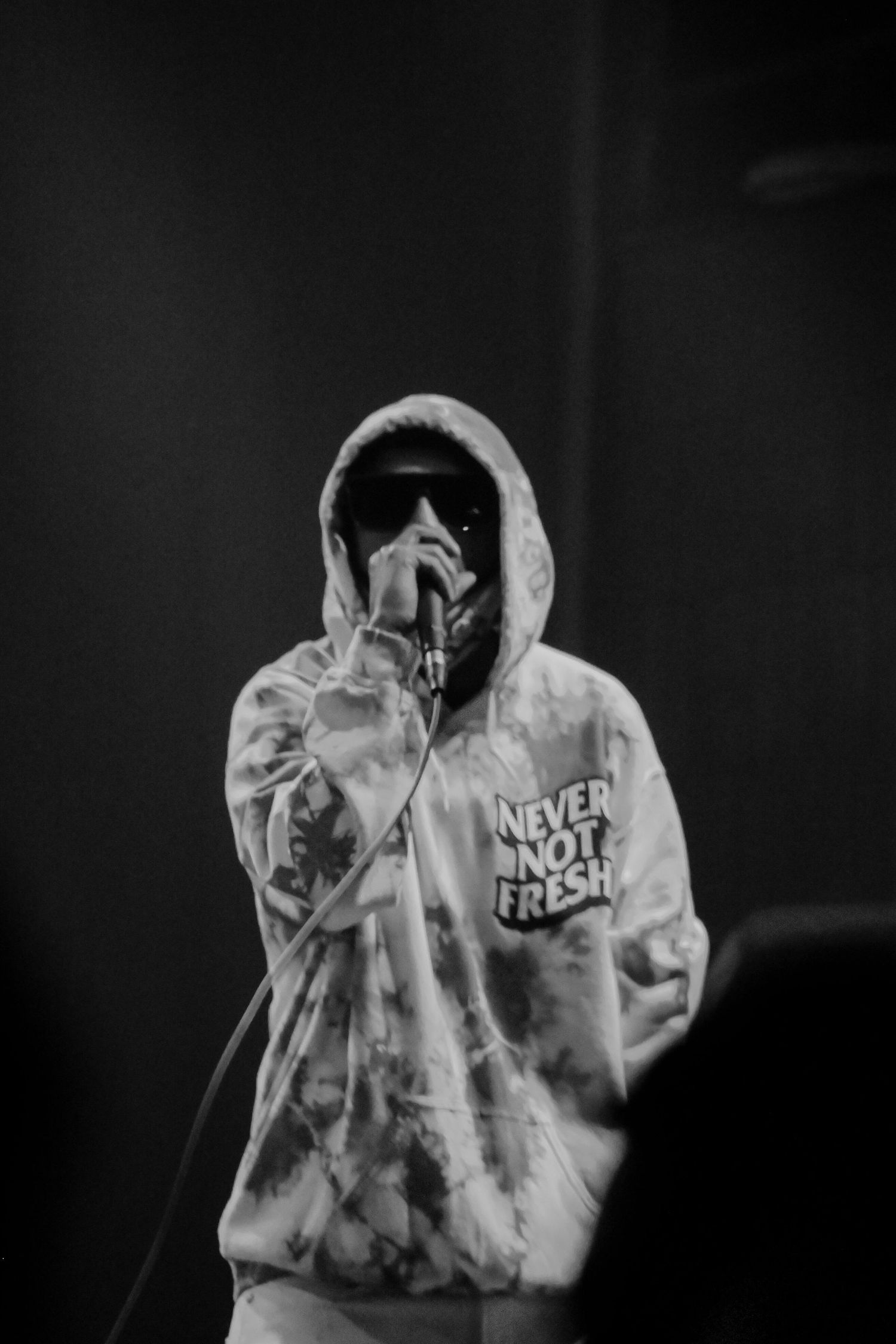 Black and white images of performer in hoodie making hand gestures.