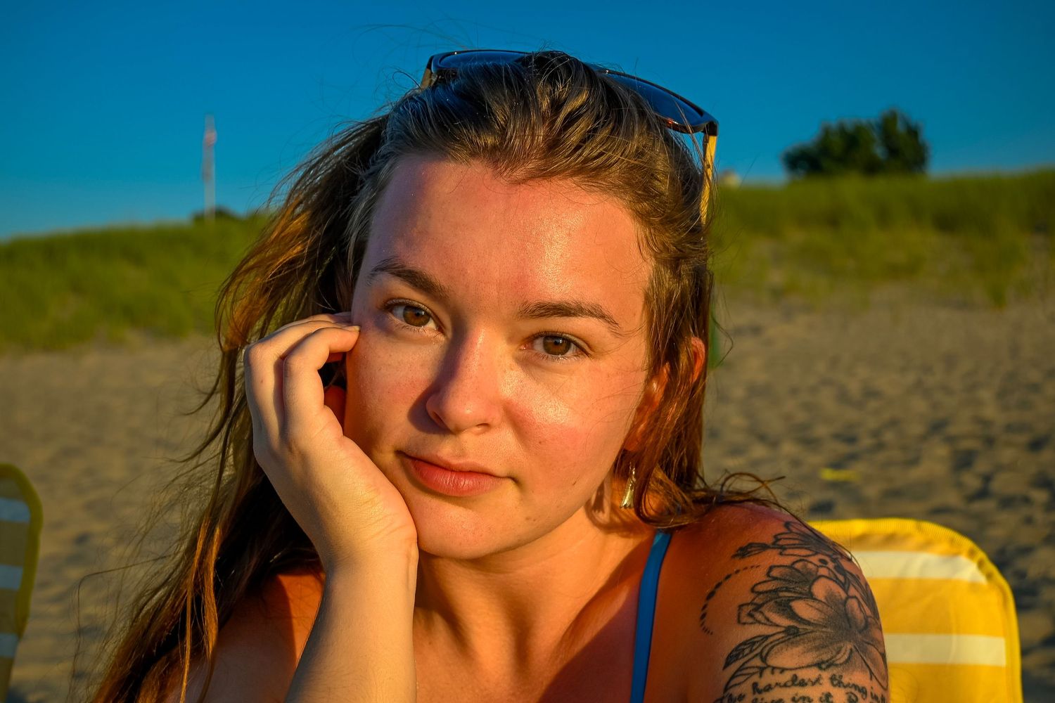 Series of sunset portraits at golden hour with warm natural lighting.