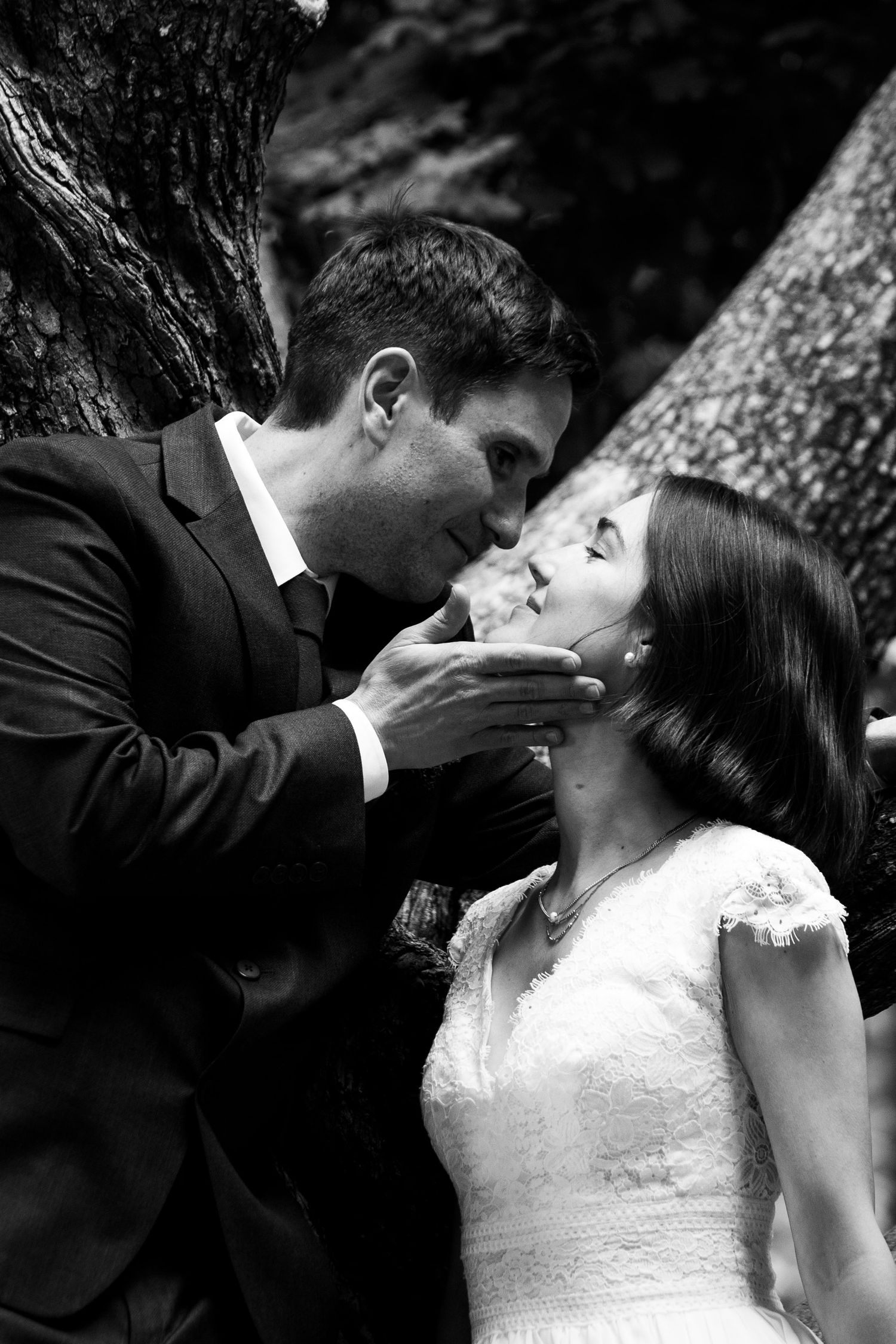 Black and white photo of a groom tenderly kissing his bride near a tree, both dressed in wedding attire.