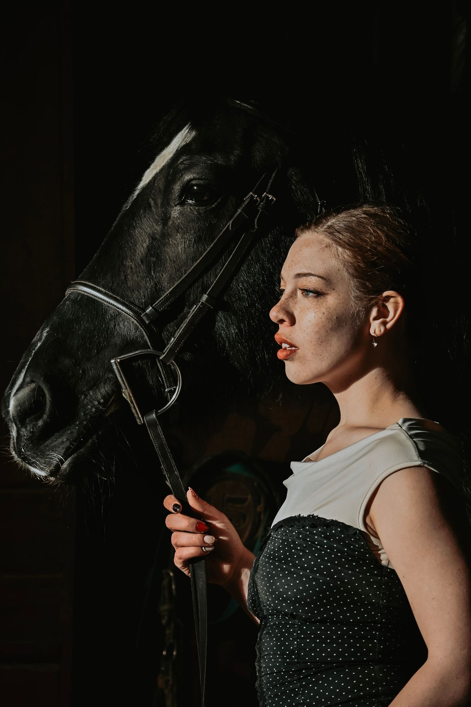 A series of moody portraits showing a woman in a polka dot dress posing with a black horse against a dark background.