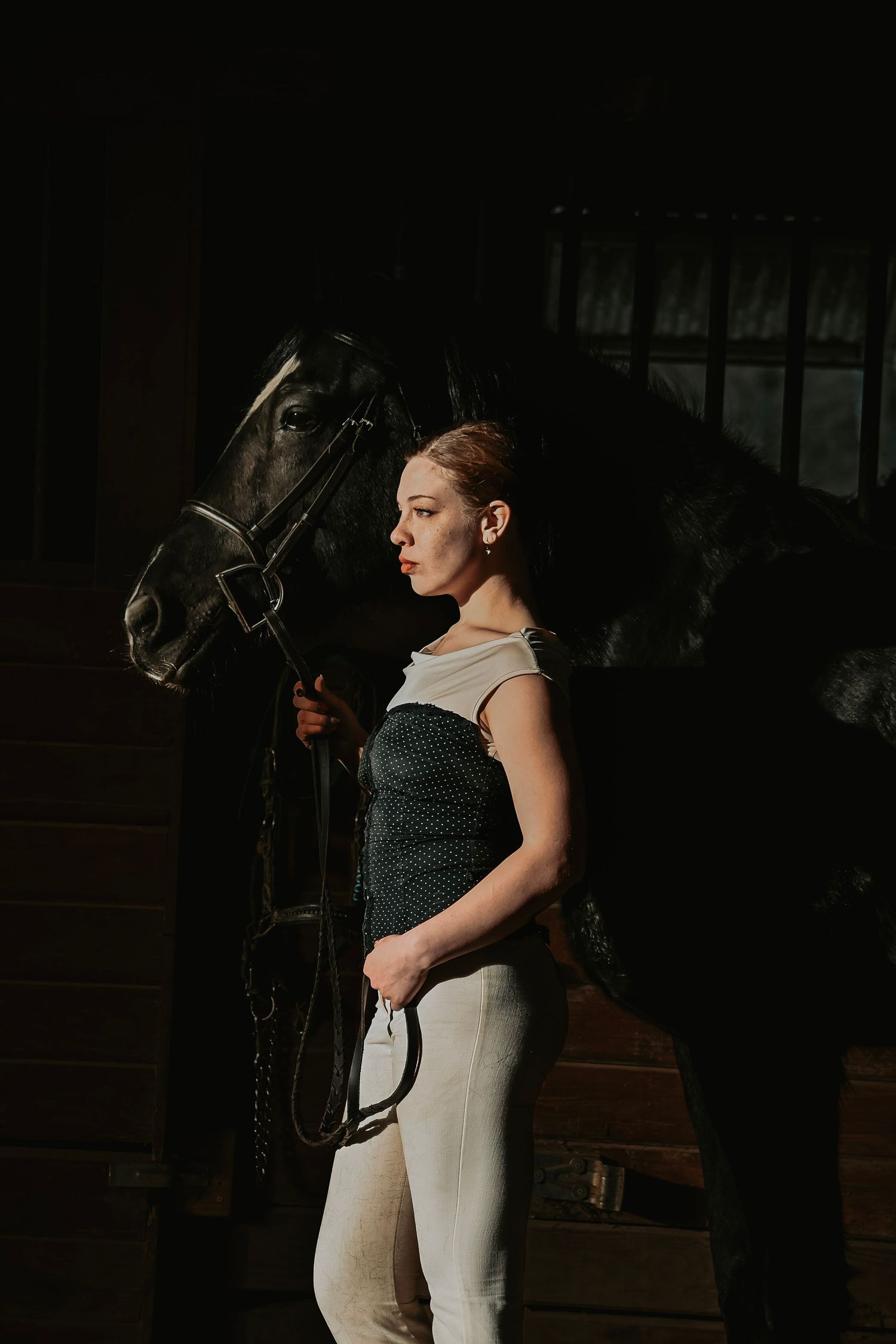 A figure stands in dramatic lighting holding horse reins in a dark barn setting.
