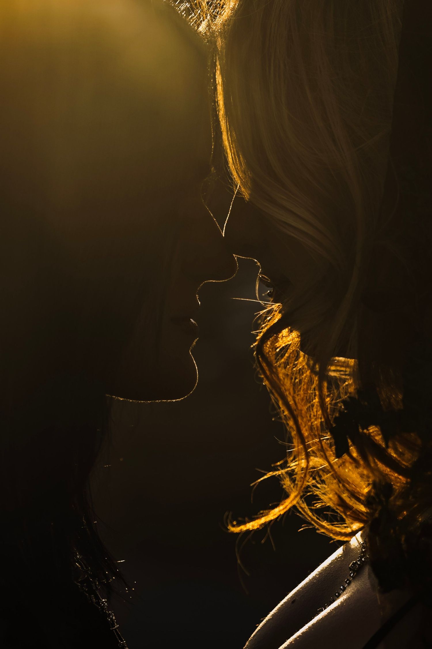 Artistic silhouette portrait in golden light shows smoke swirling dramatically against dark background.