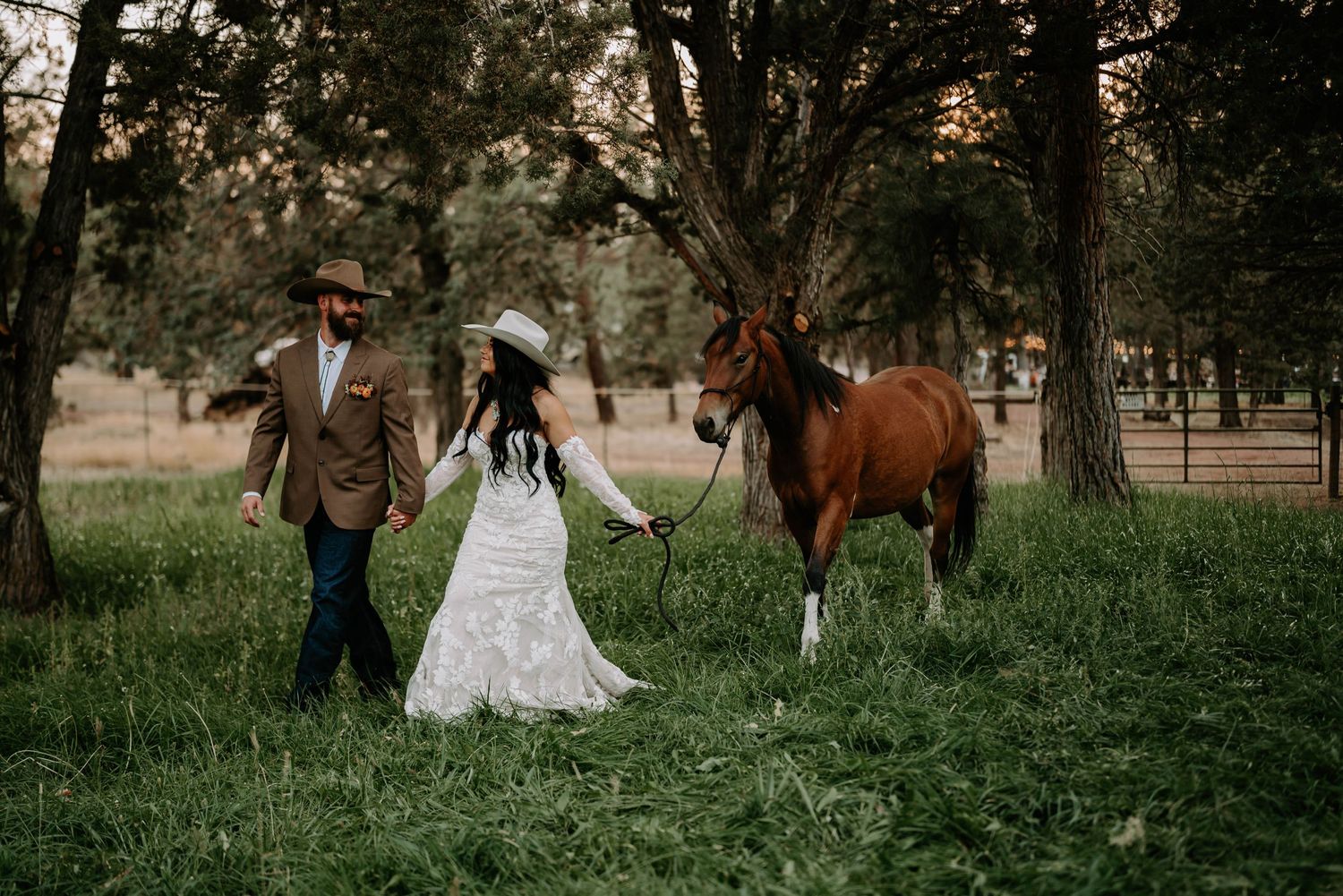 Wedding couple poses in a scenic field with horses and trees at golden hour.