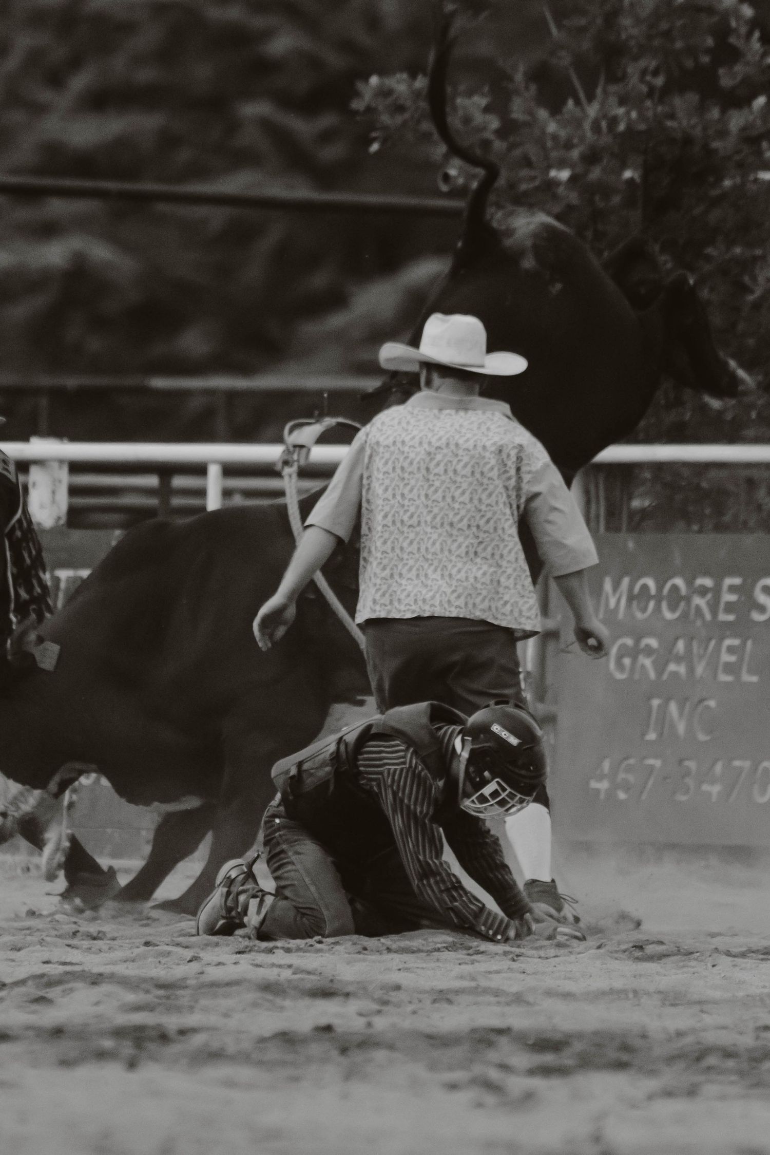 Black and white photo of rodeo participants in action on dusty arena ground.