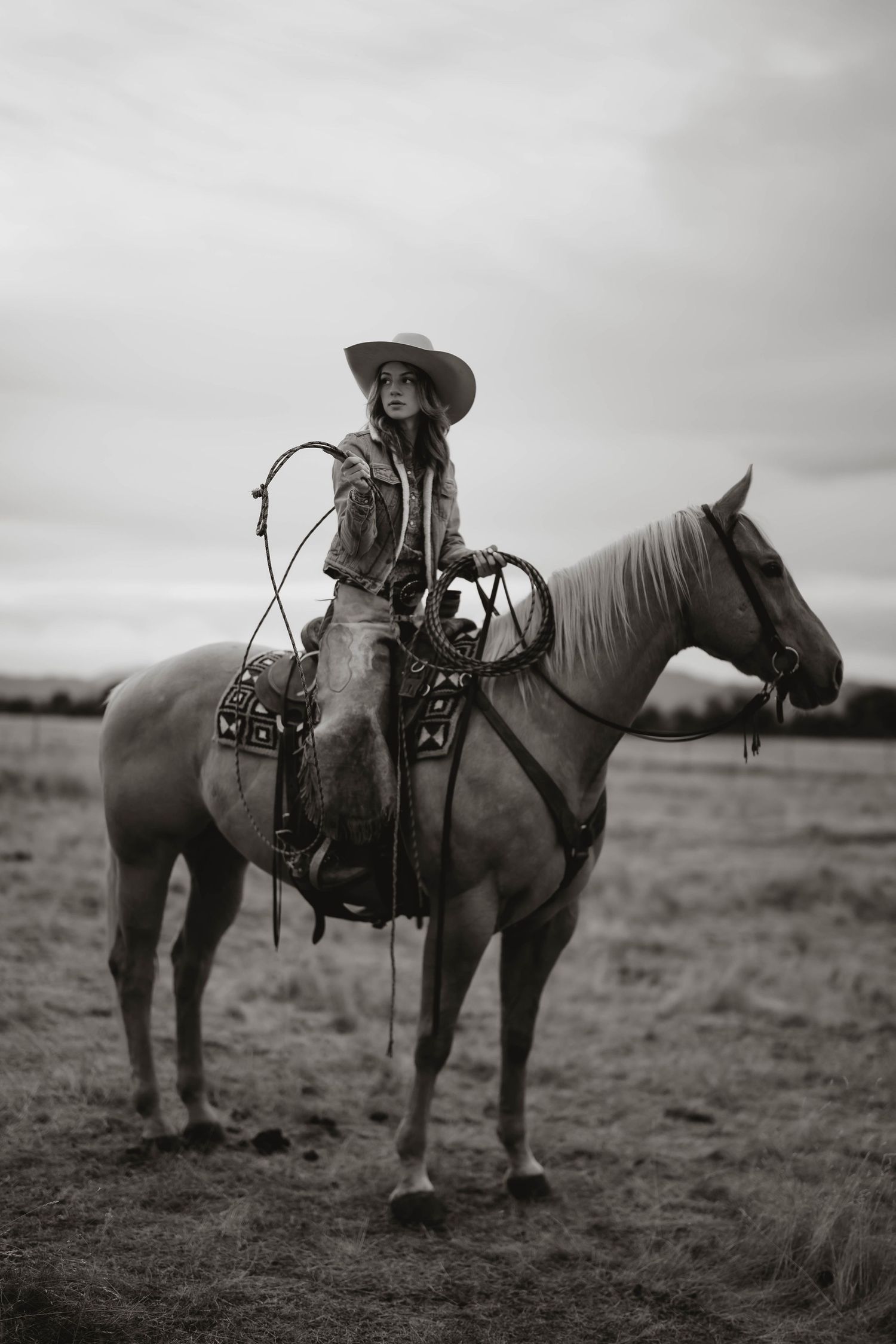 Black and white series of a horse and rider in traditional western attire on open plains.