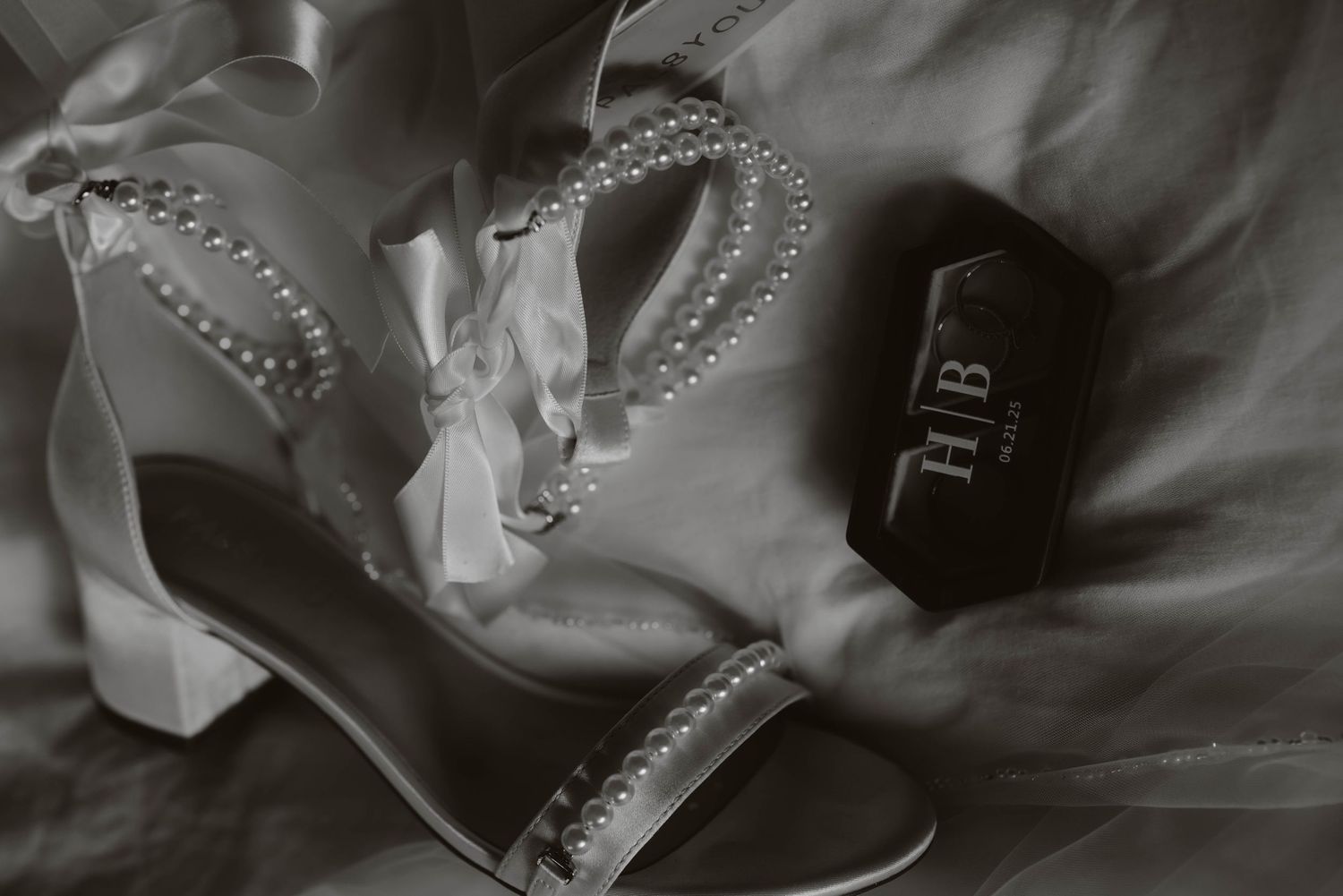 Artistic detail shots of elegant wedding shoes with pearl embellishments.