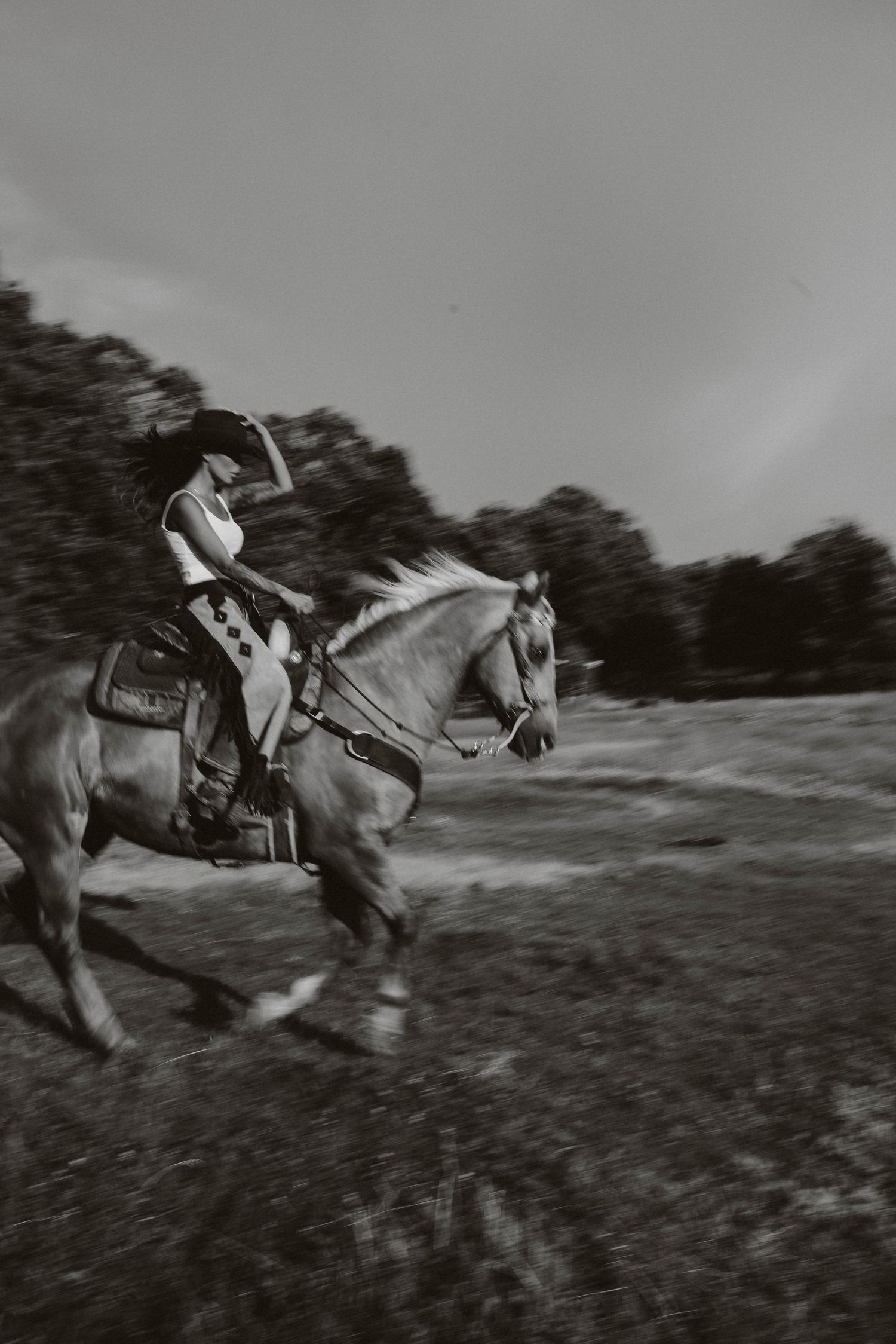 Equestrian rides horseback through field in dramatic black and white photograph.