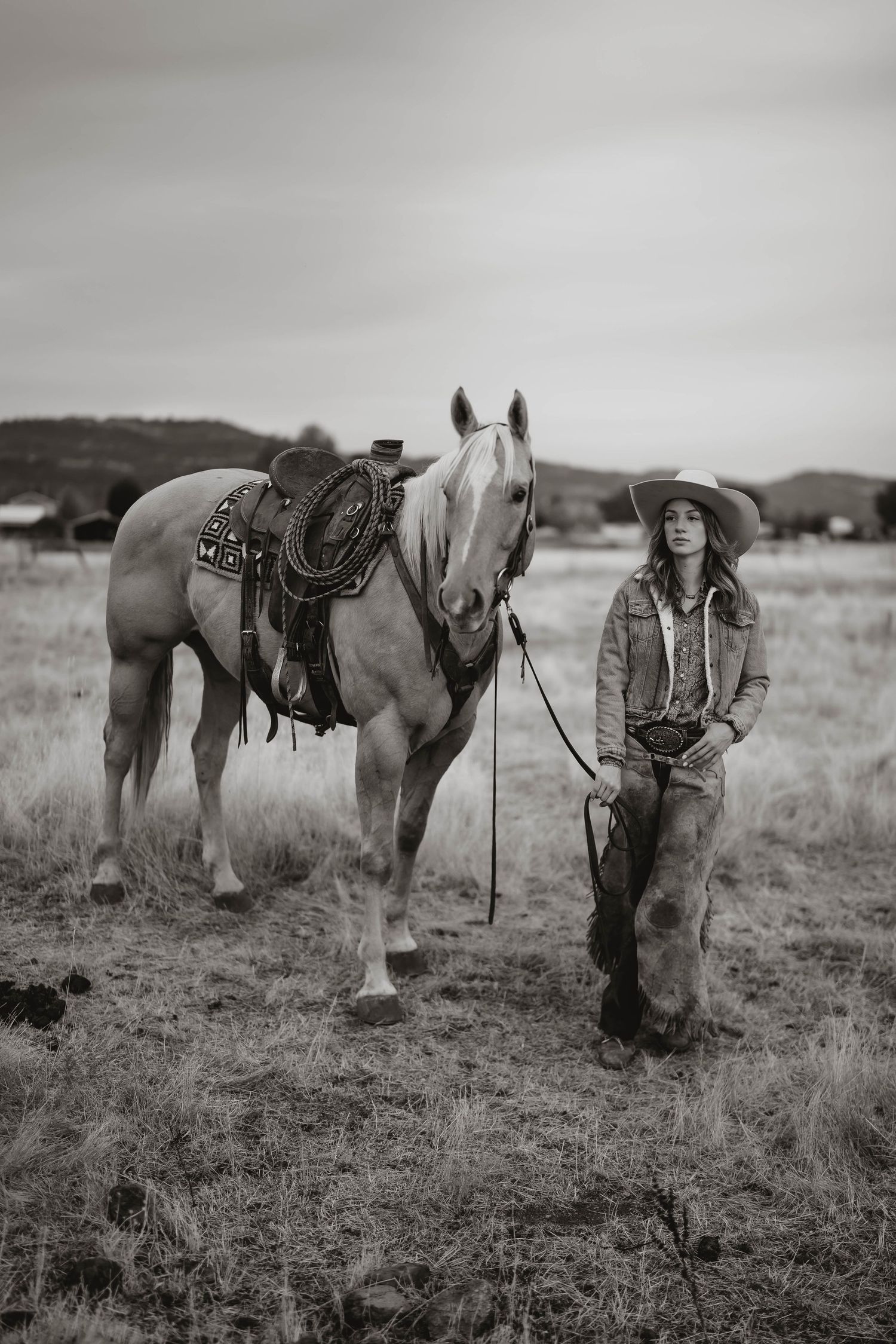 Monochrome series of western ranch scenes with horses and traditional cowboy equipment.