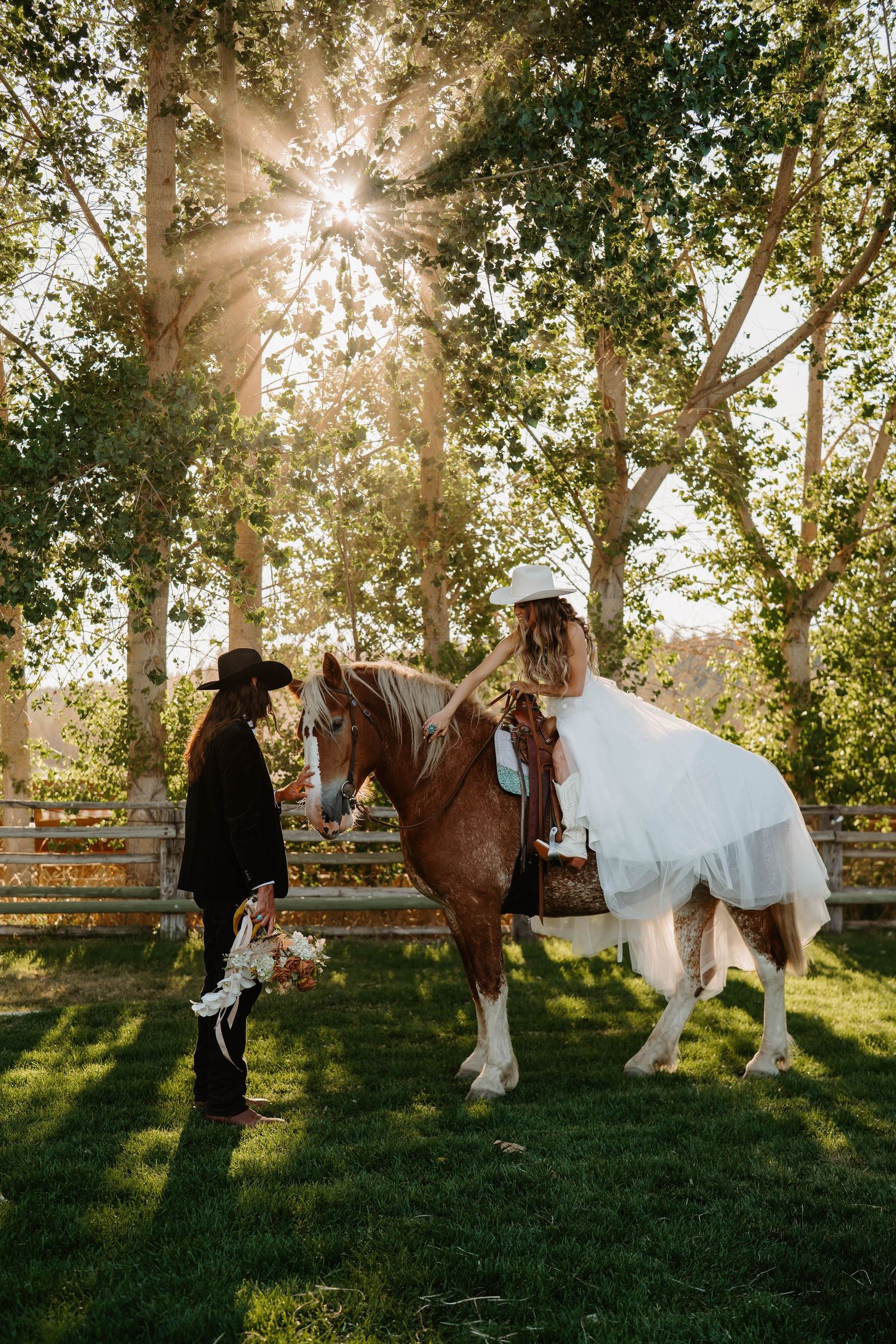 Country Bride and groom on horse