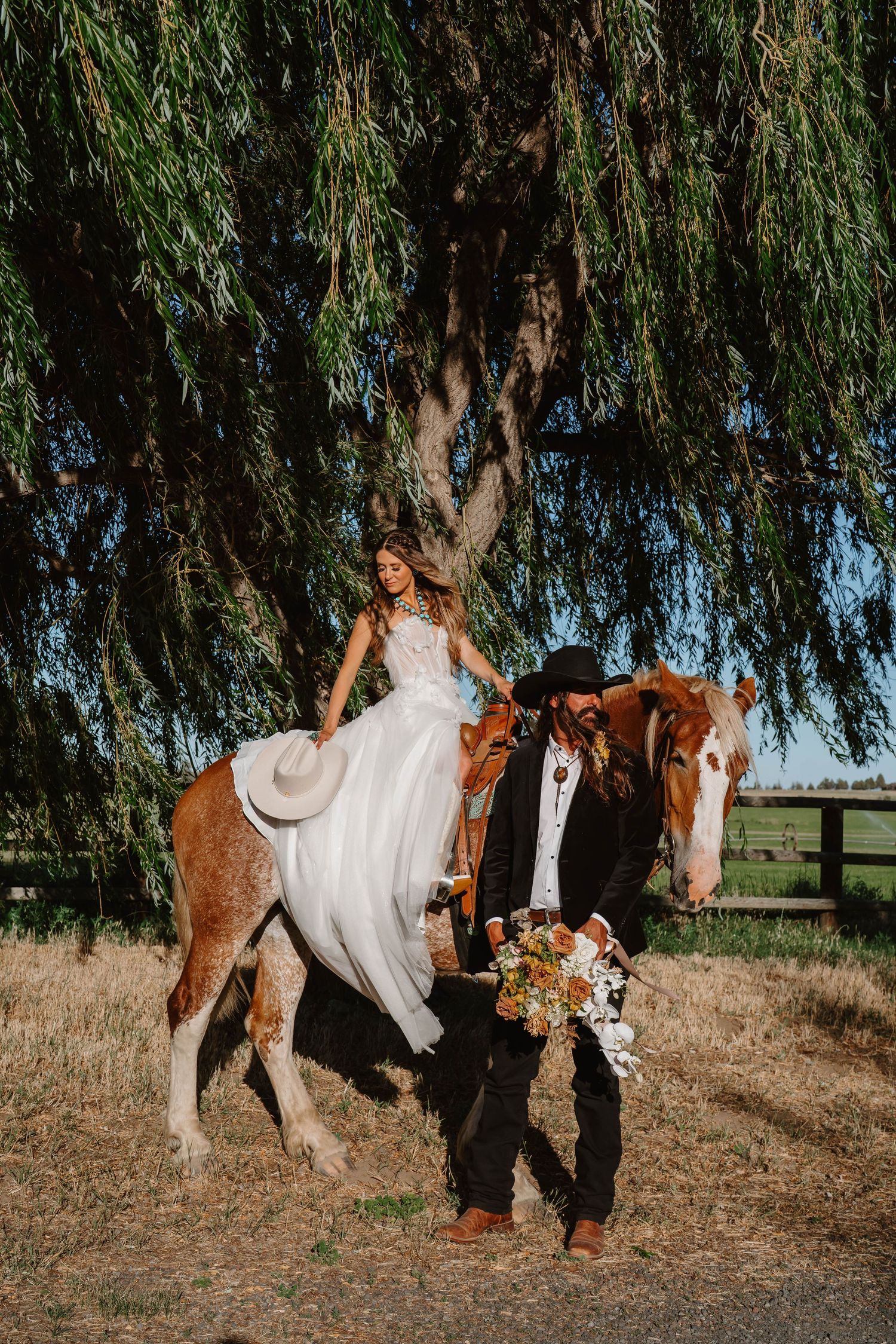 Bride on horse at wedding oregon ranch