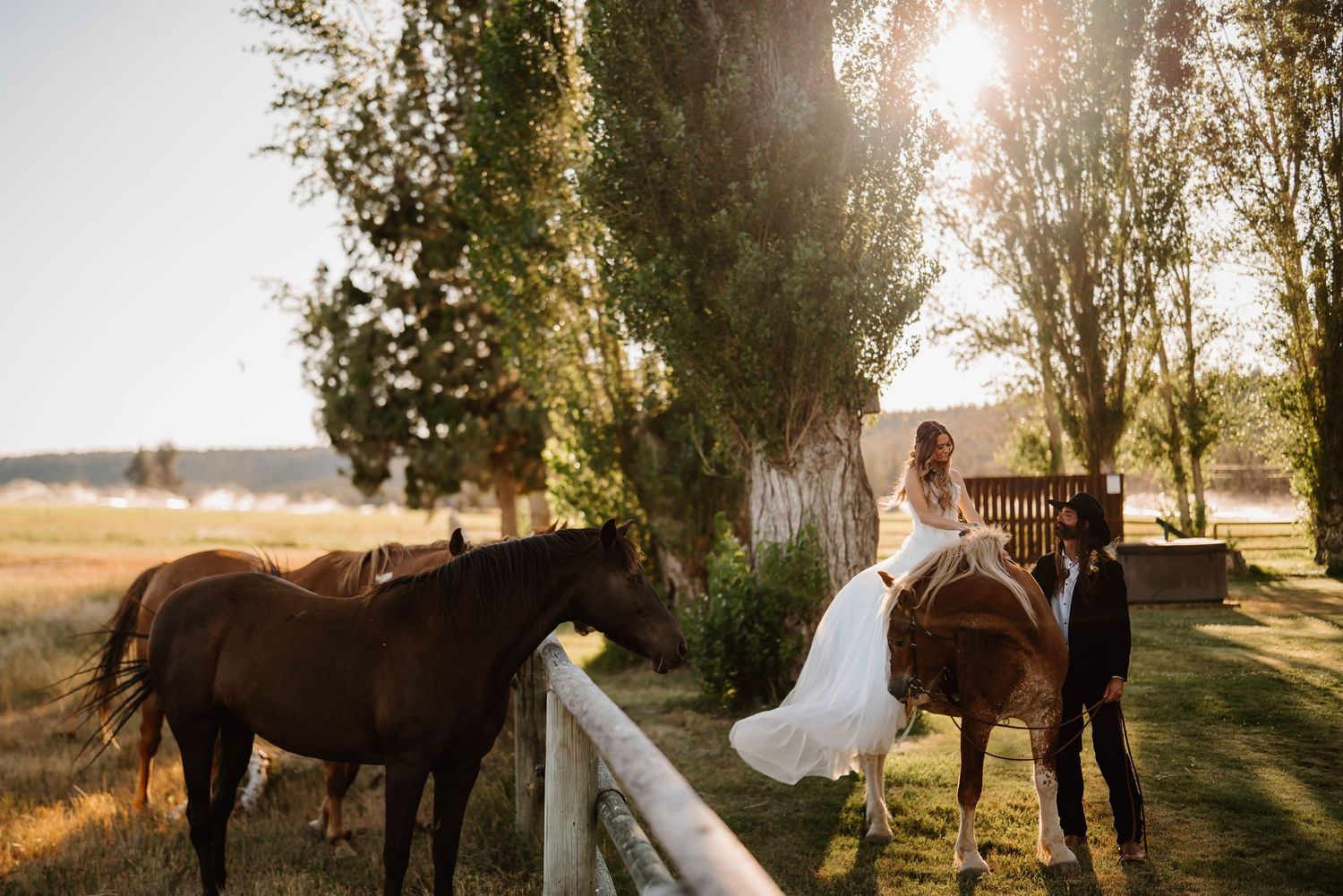 Horses and wedding party gather in a scenic field at golden hour.