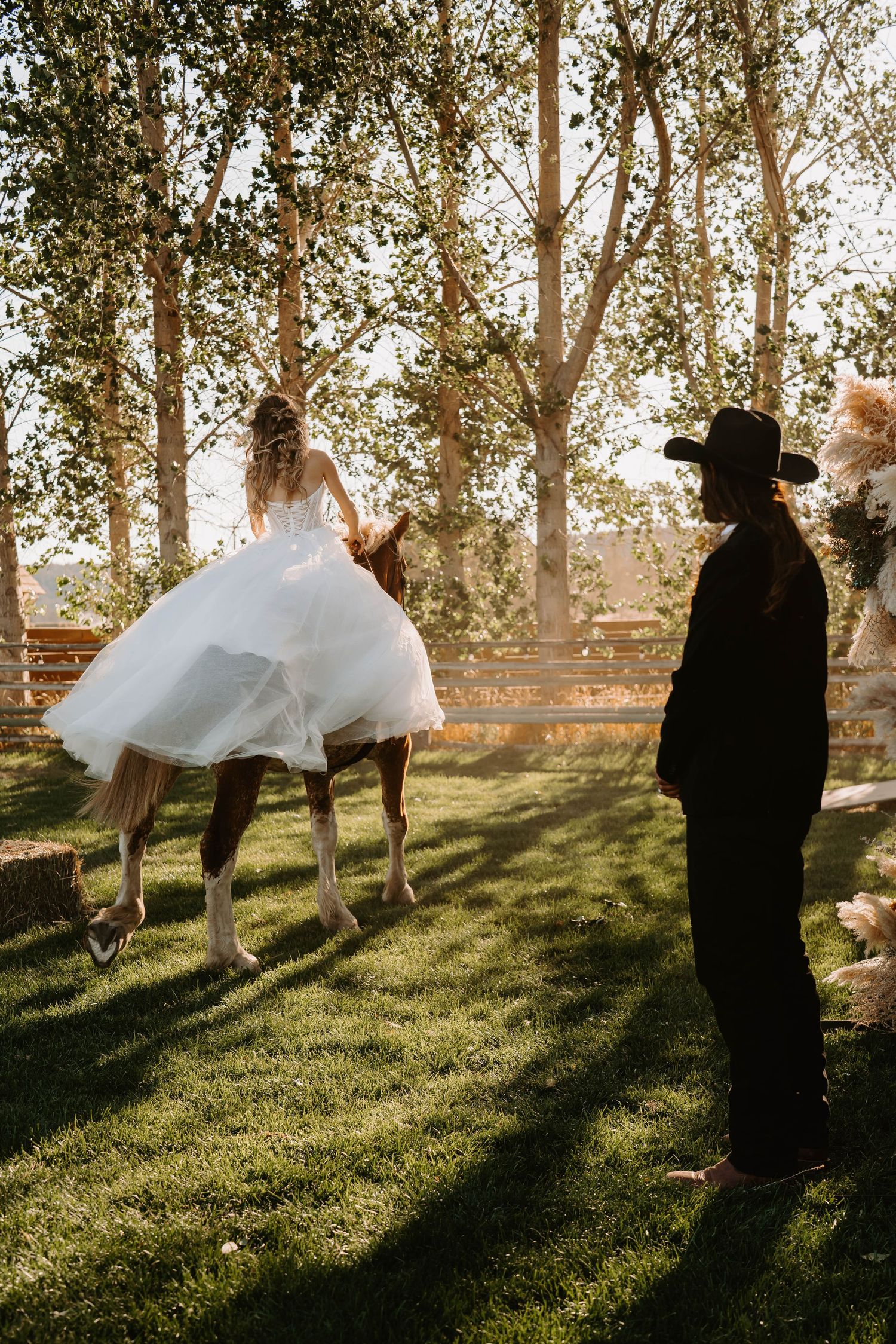 bride and groom western wedding sunset