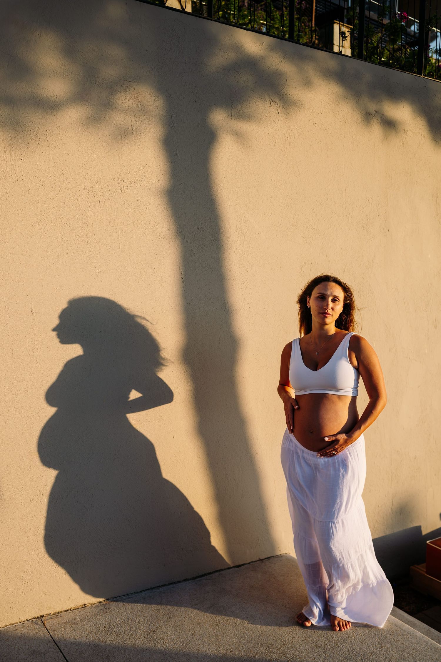 Artistic shadow play against wall creates dramatic silhouettes in evening light.