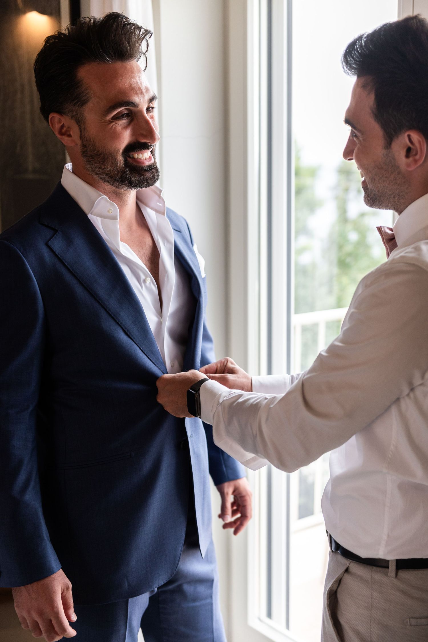 Getting ready sequence shows final adjustments to formal attire.