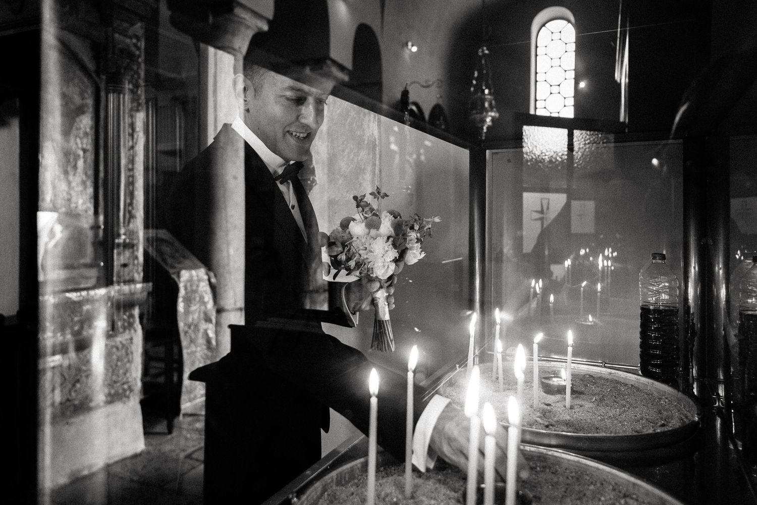 Atmospheric church interior with glowing candles and dramatic lighting.