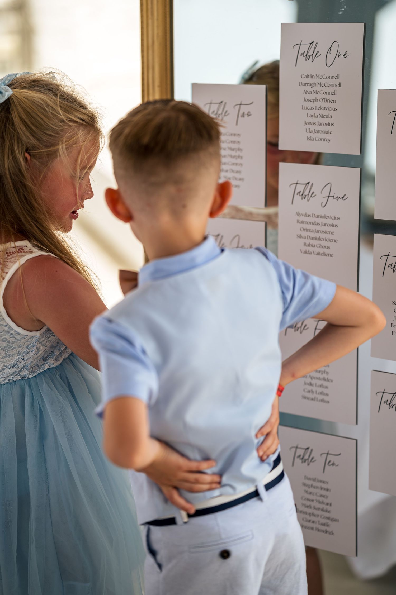 Wedding guests looking at seating assignments posted on a wall display.